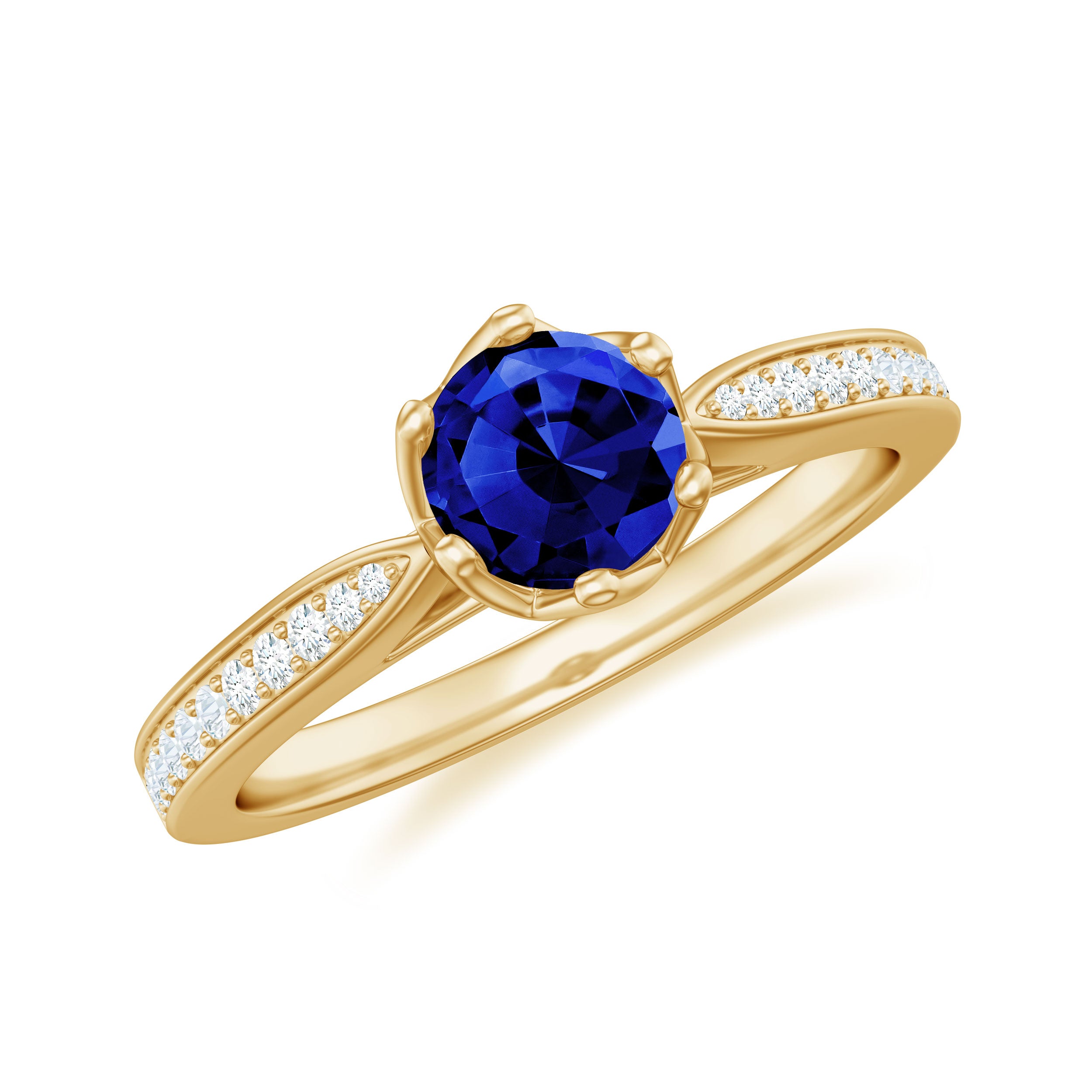 Created Blue Sapphire Solitaire Ring in Decorative Set with Diamond Lab Created Blue Sapphire - ( AAAA ) - Quality - Rosec Jewels