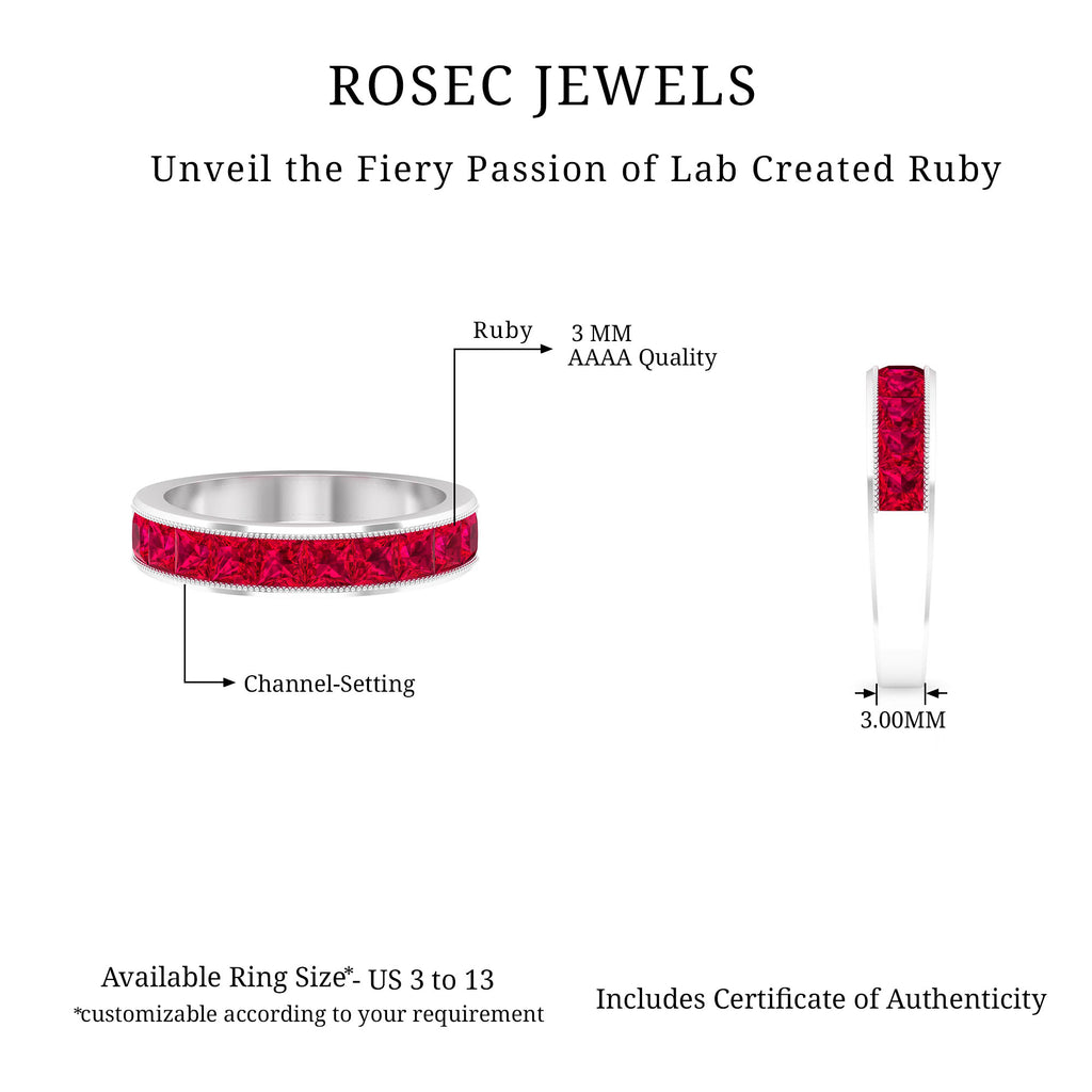 Channel Set Created Ruby Semi Eternity Band Ring with Milgrain Gold Lab Created Ruby - ( AAAA ) - Quality - Rosec Jewels