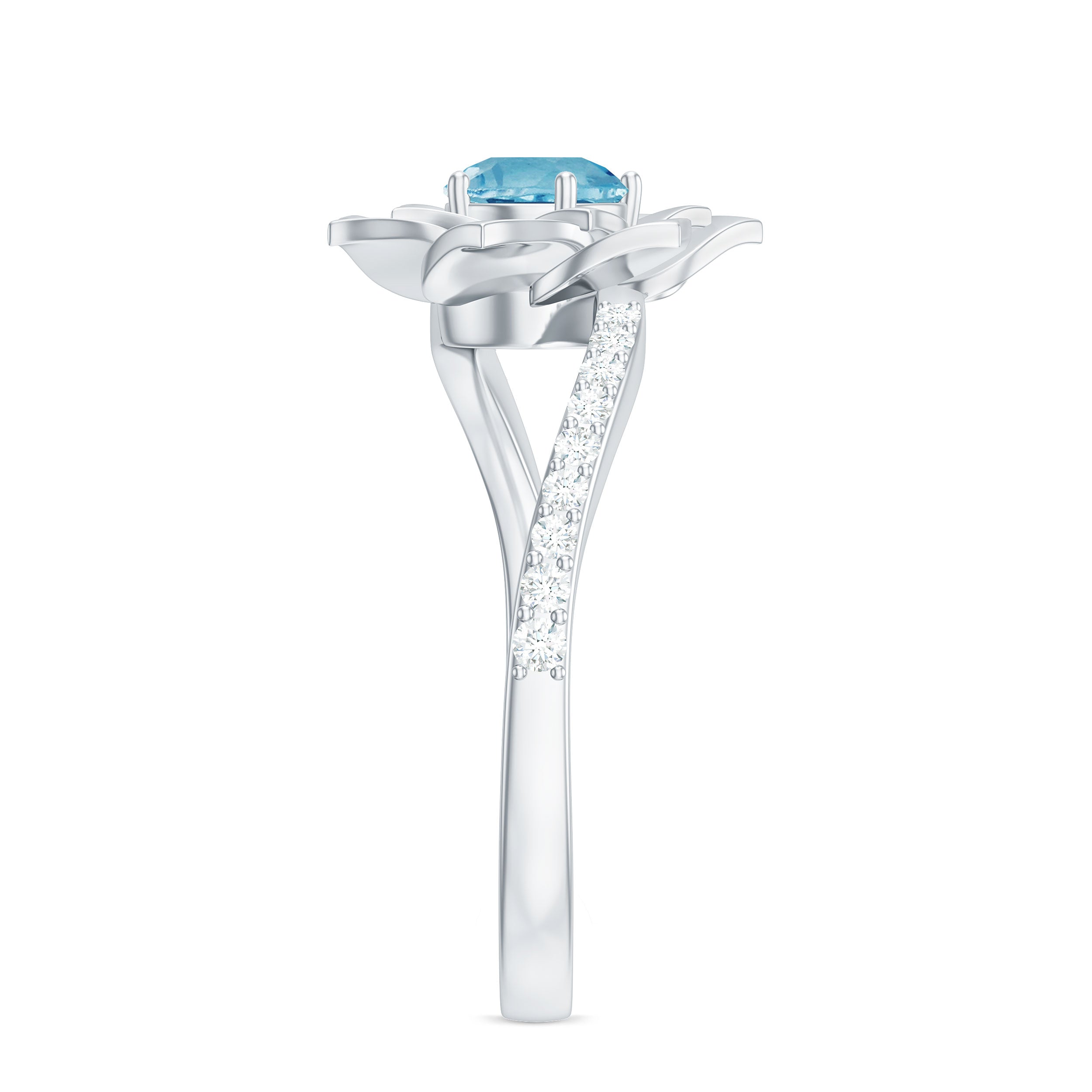 Swiss Blue Topaz and Diamond Flower Engagement Ring with Bypass Shank Swiss Blue Topaz - ( AAA ) - Quality - Rosec Jewels