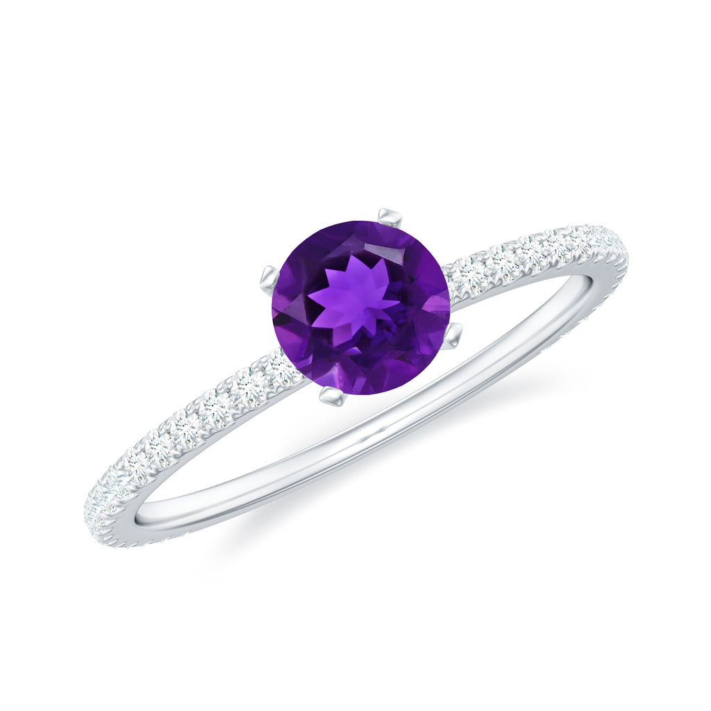 3/4 CT Amethyst Solitaire Ring with Diamond Side Stones Amethyst - ( AAA ) - Quality - Rosec Jewels