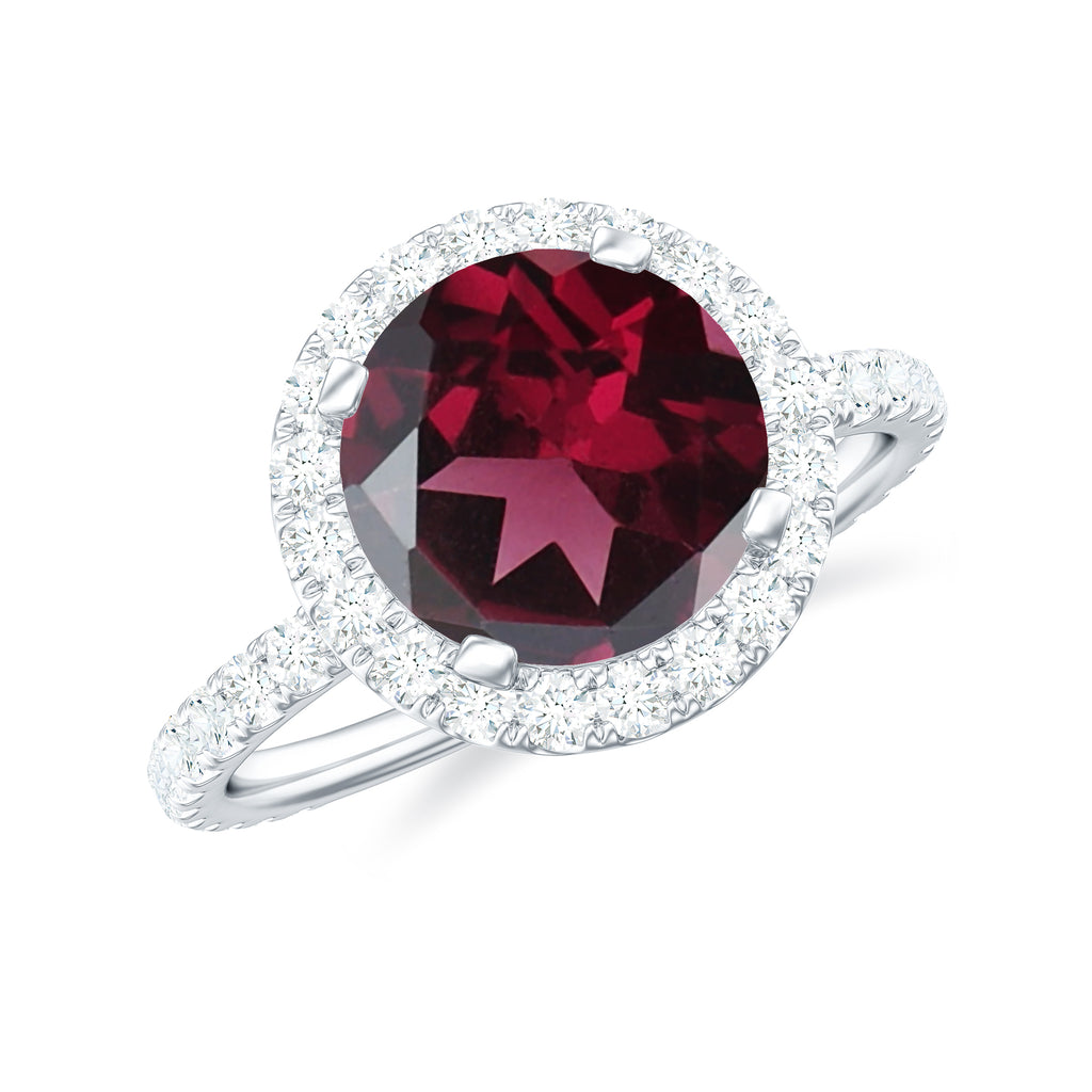 Real Rhodolite Halo Engagement Ring with Moissanite Rhodolite - ( AAA ) - Quality - Rosec Jewels