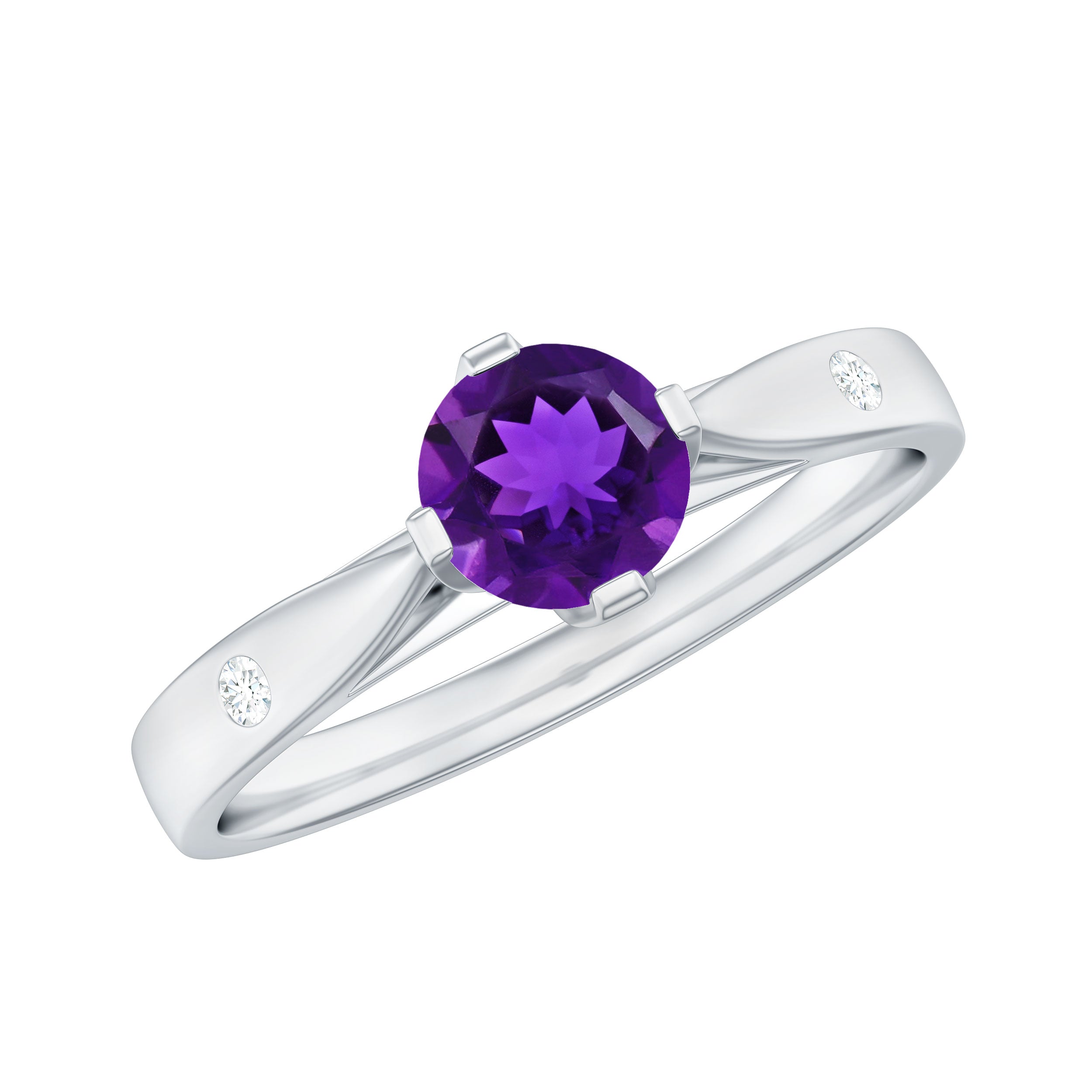 1/2 CT Solitaire Round Shape Amethyst Ring with Diamond Amethyst - ( AAA ) - Quality - Rosec Jewels