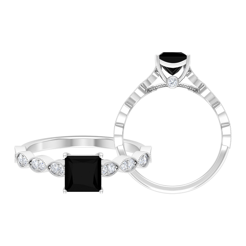 Princess Cut Black Onyx Solitaire Ring with Diamond Side Stones Black Onyx - ( AAA ) - Quality - Rosec Jewels