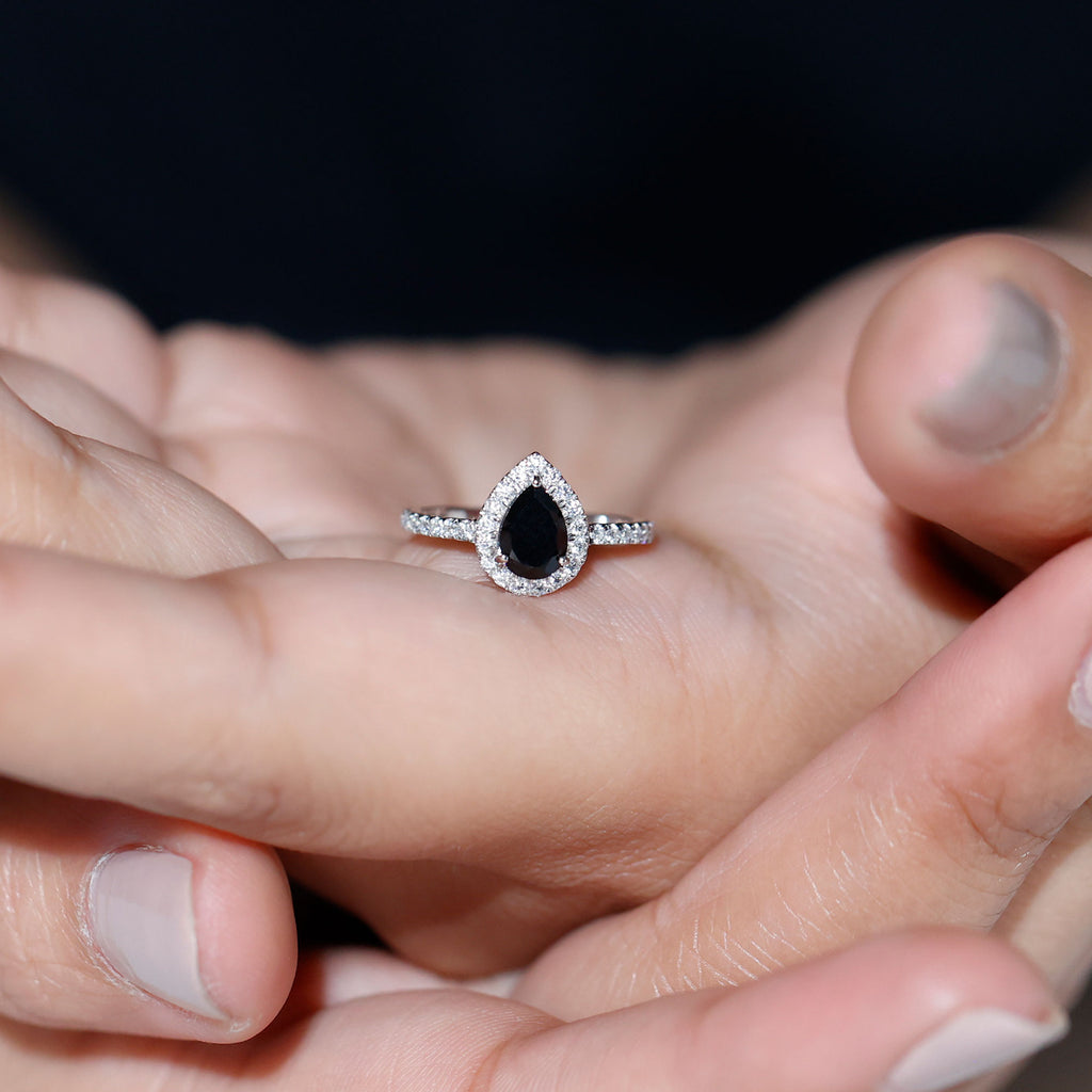 Pear Cut Black Spinel Solitaire Ring with Moissanite Accent
