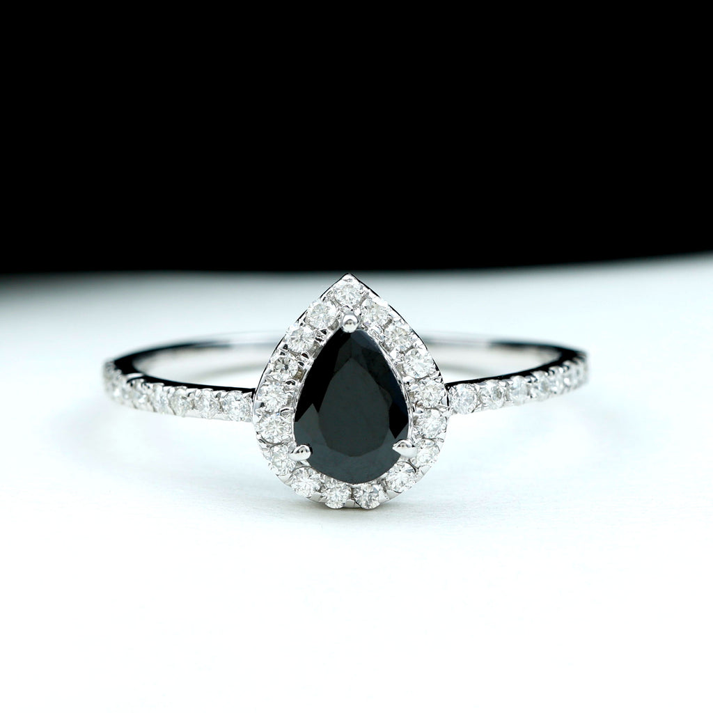 Pear Cut Black Spinel Solitaire Ring with Moissanite Accent