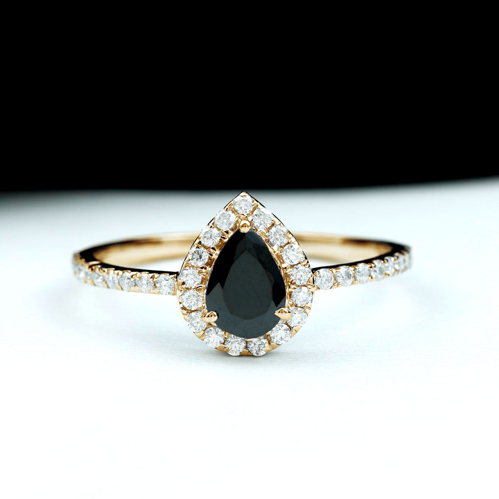 Pear Cut Black Spinel Solitaire Ring with Diamond Accent Black Spinel - ( AAA ) - Quality - Rosec Jewels