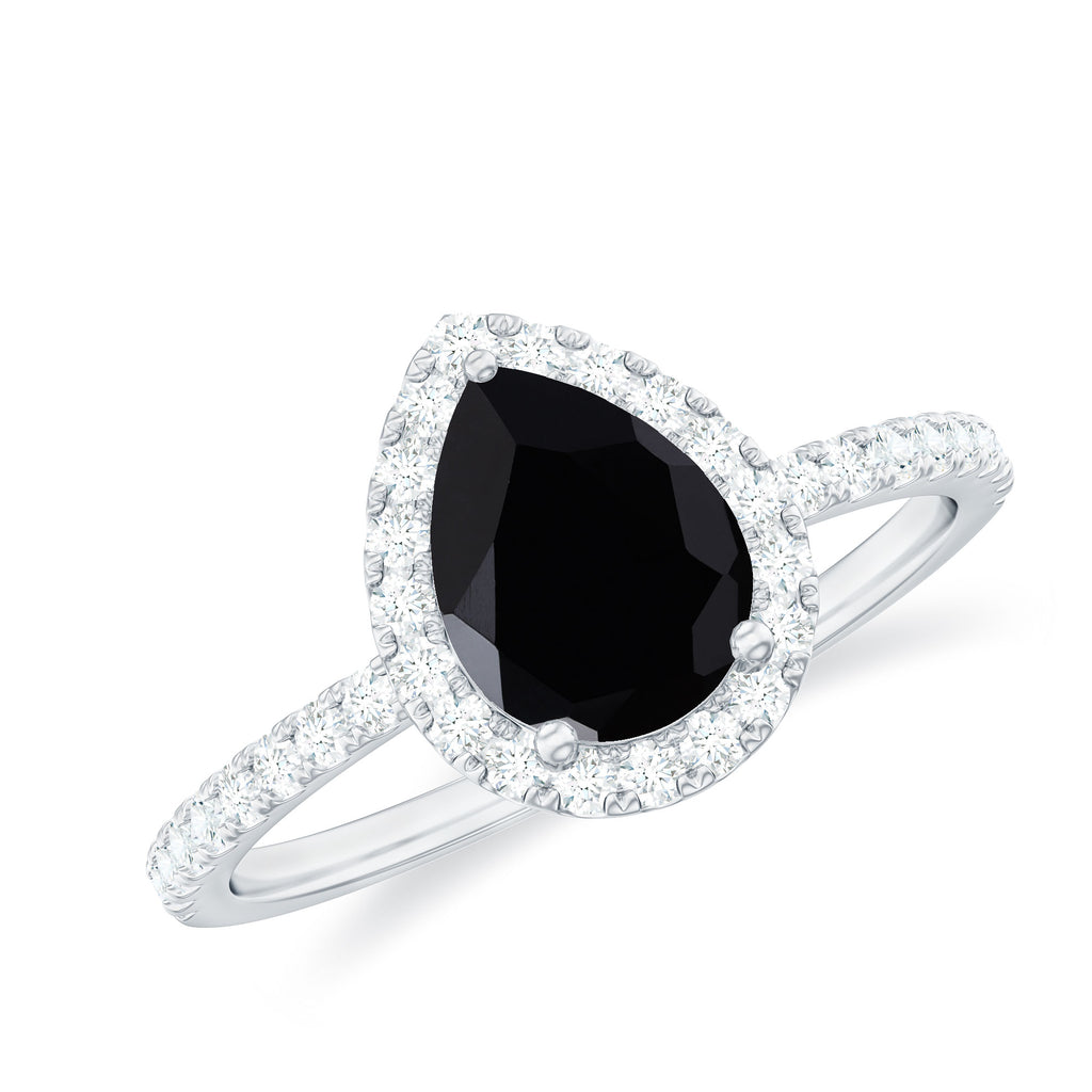 Black Onyx Teardrop Engagement Ring with Diamond Black Onyx - ( AAA ) - Quality - Rosec Jewels