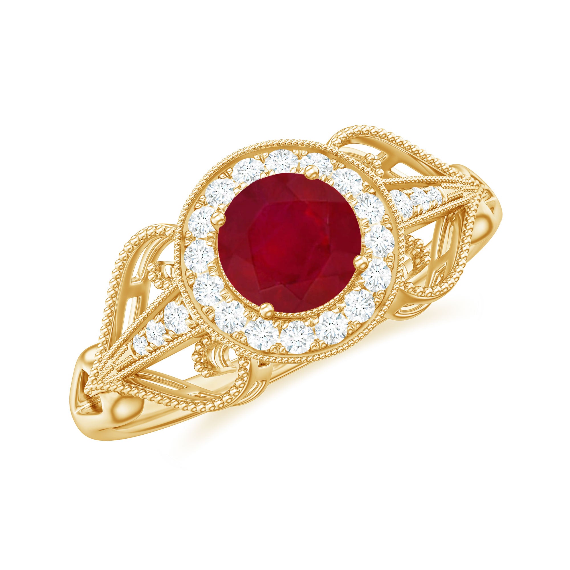 Vintage Style Ruby Engagement Ring with Diamond Ruby - ( AAA ) - Quality - Rosec Jewels