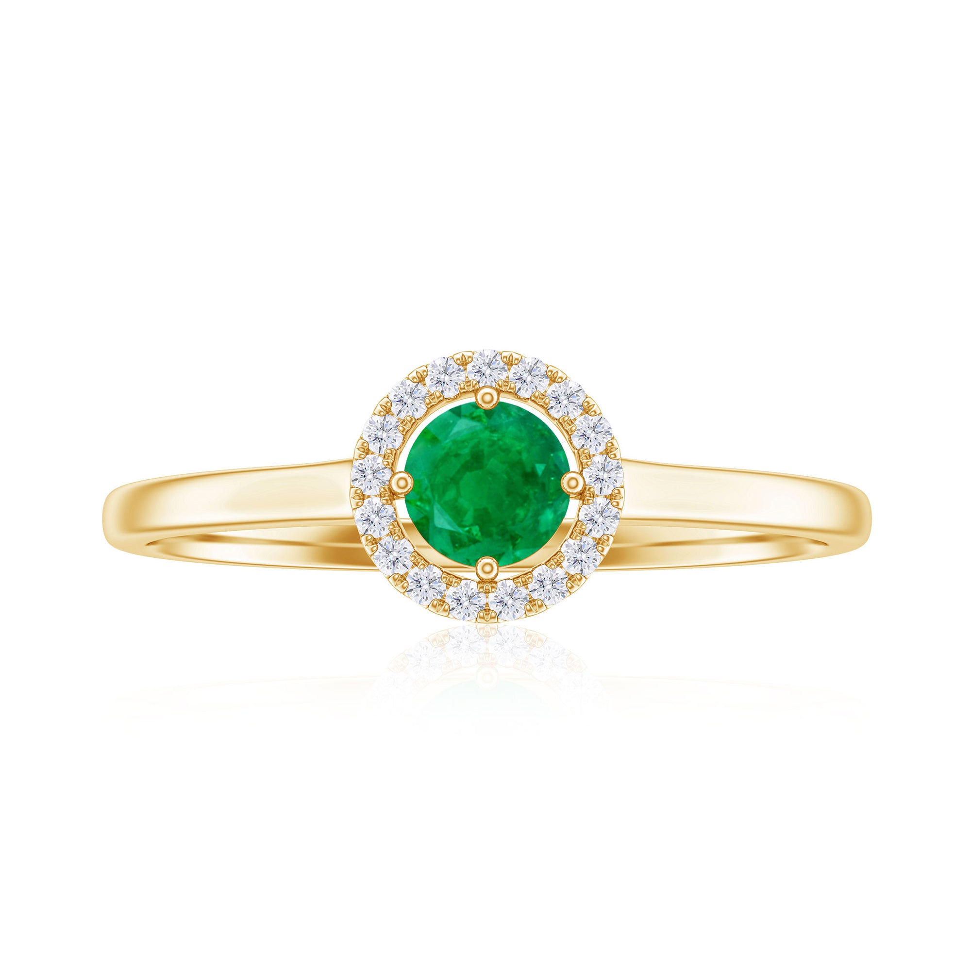 Round Emerald Promise Ring with Diamond Halo Emerald - ( AAA ) - Quality - Rosec Jewels