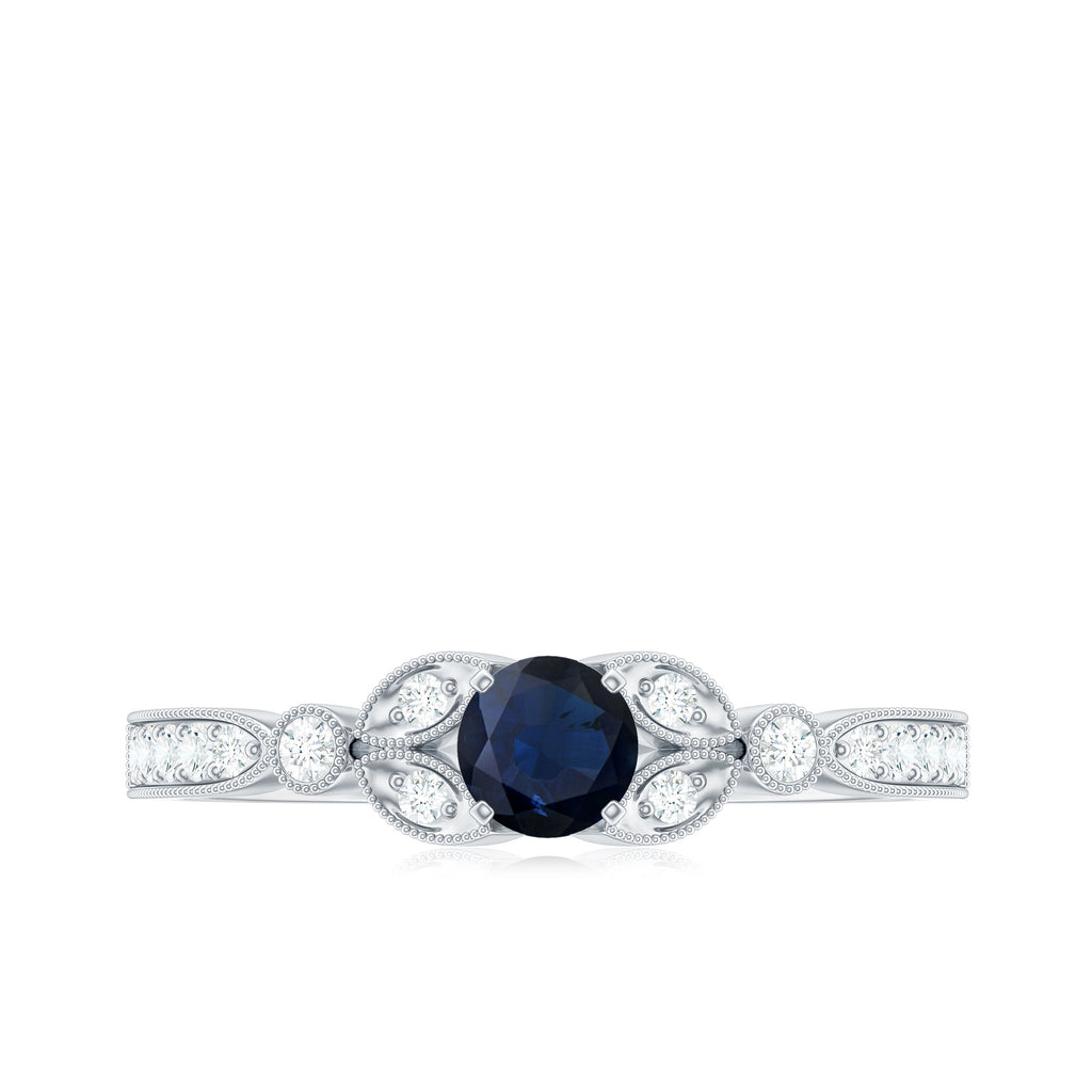 3/4 CT Vintage Inspired Blue Sapphire and Diamond Engagement Ring with Milgrain Details Blue Sapphire - ( AAA ) - Quality - Rosec Jewels