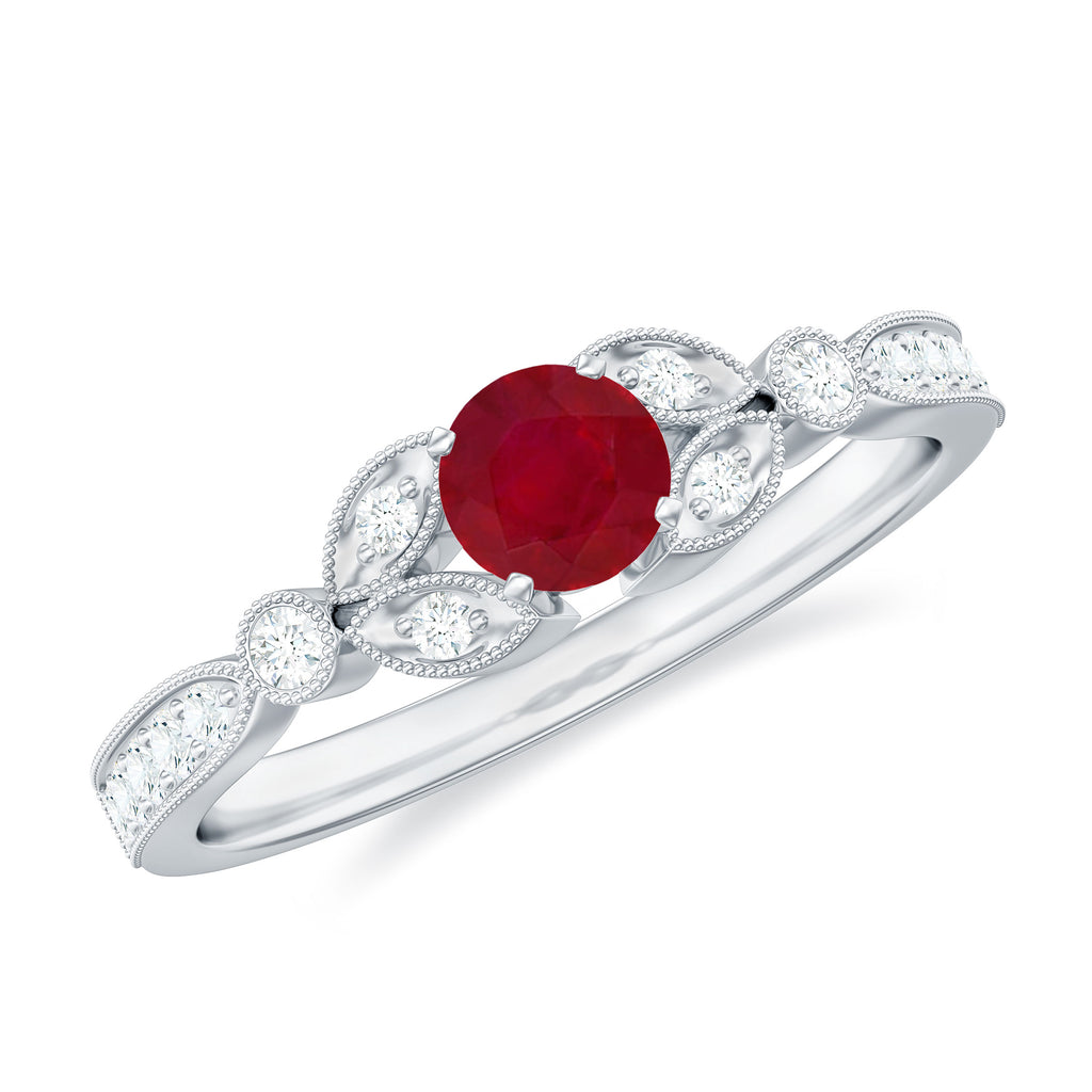 Vintage Inspired Ruby and Diamond Engagement Ring with Milgrain Details Ruby - ( AAA ) - Quality - Rosec Jewels