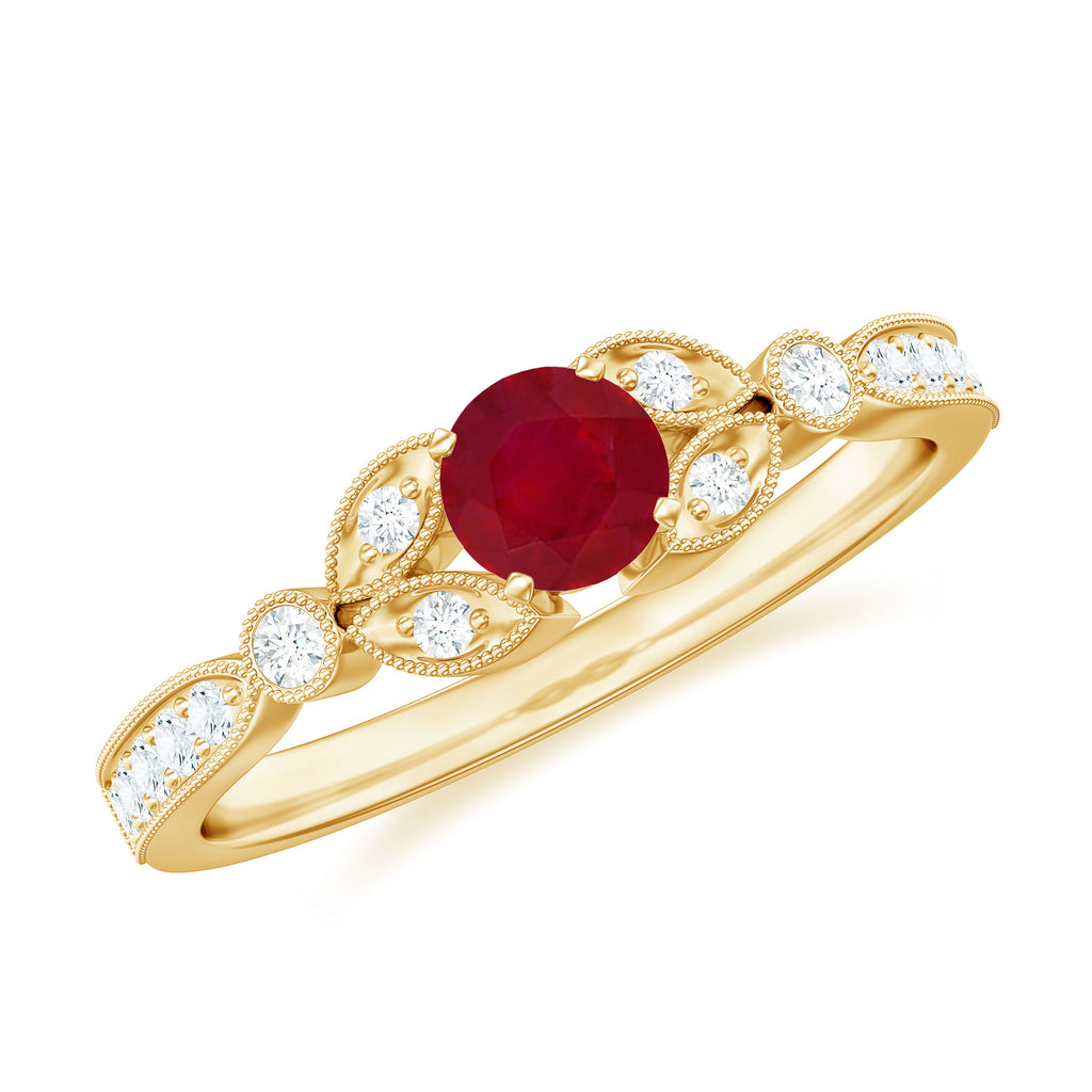 Vintage Inspired Ruby and Diamond Engagement Ring with Milgrain Details Ruby - ( AAA ) - Quality - Rosec Jewels
