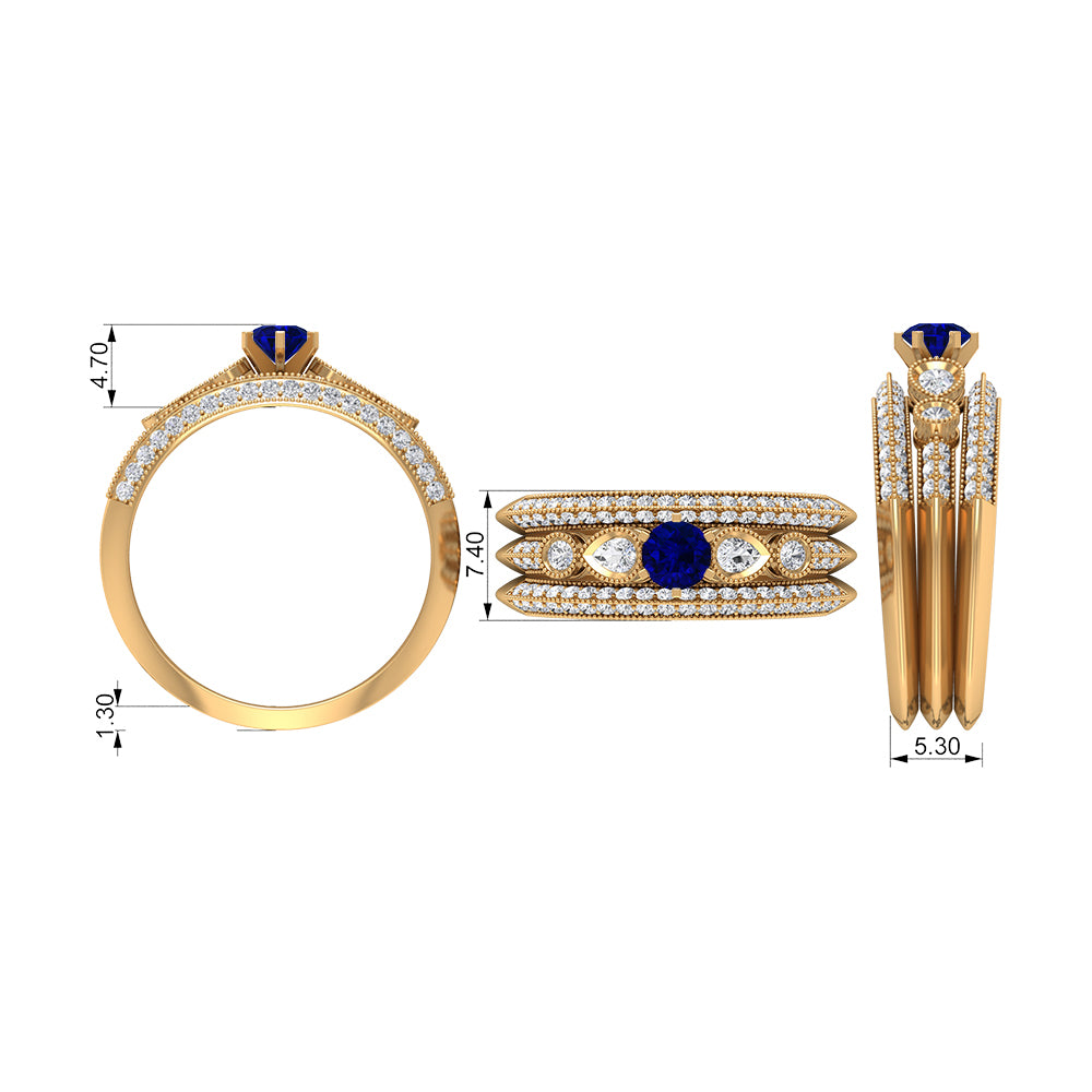 Real Blue Sapphire and Diamond Bridal Ring Set with Beaded Details Blue Sapphire - ( AAA ) - Quality - Rosec Jewels