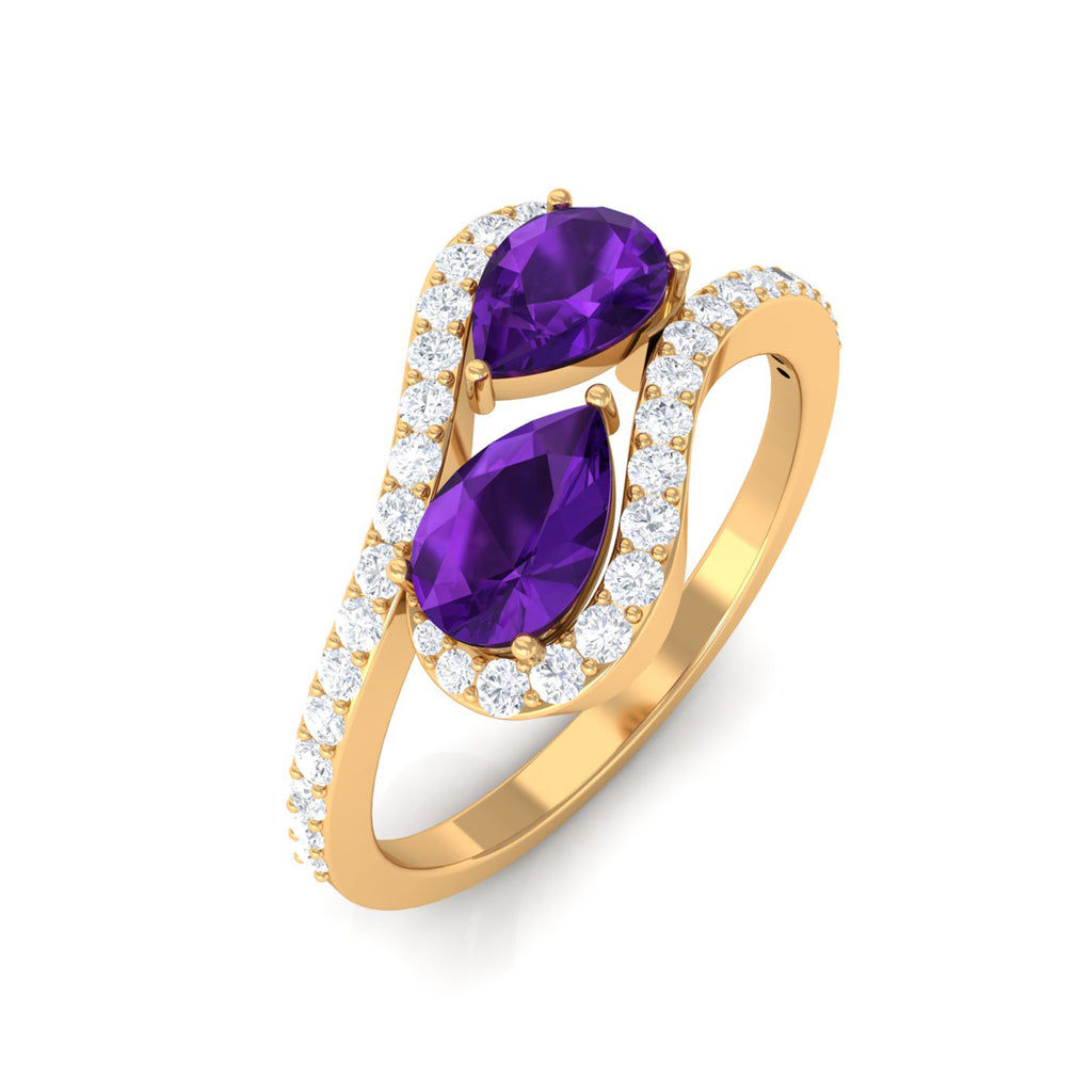 Vintage Inspired Amethyst 2 Stone Bypass Engagement Ring with Diamond Amethyst - ( AAA ) - Quality - Rosec Jewels