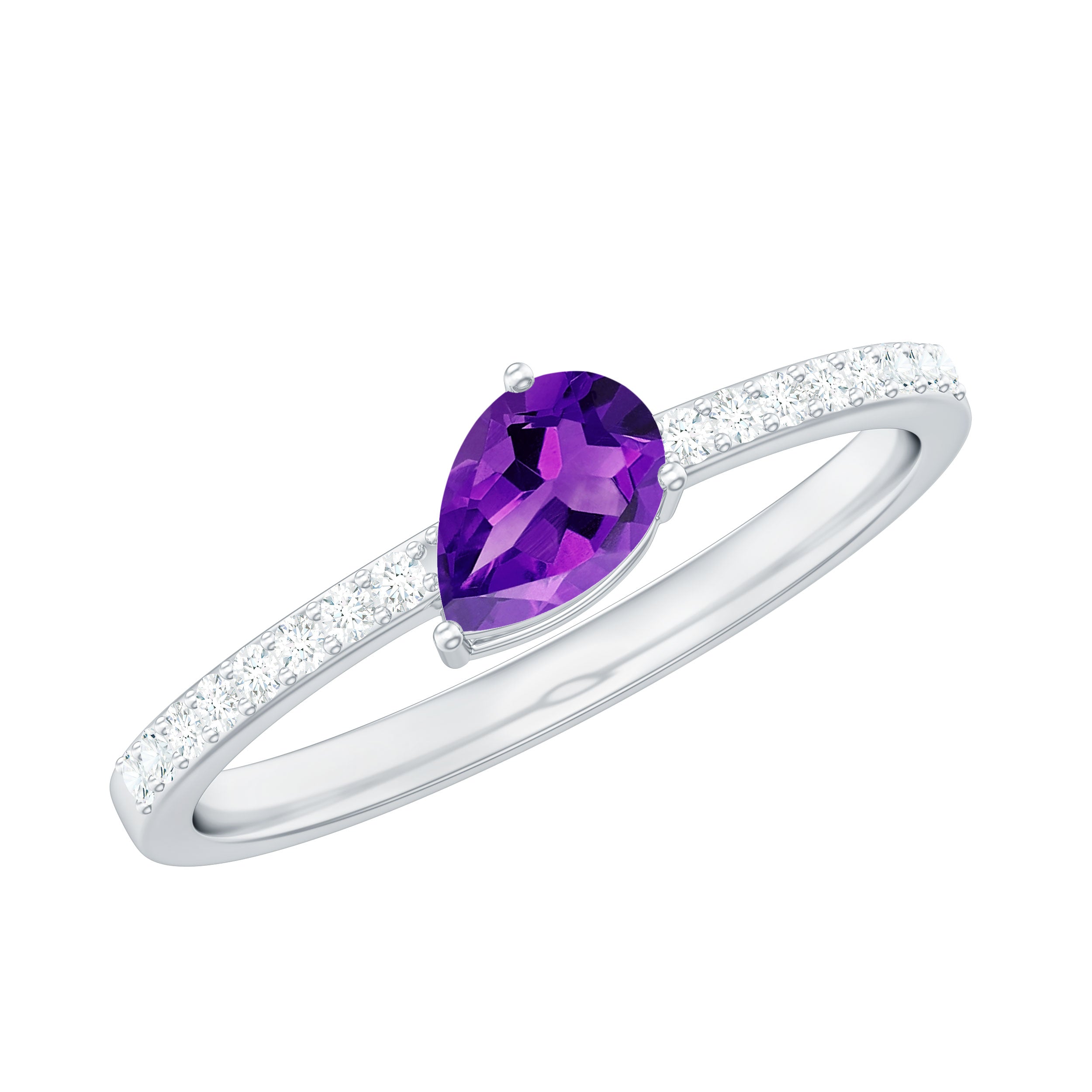 Pear Cut Amethyst Solitaire Ring with Diamond Side Stones Amethyst - ( AAA ) - Quality - Rosec Jewels