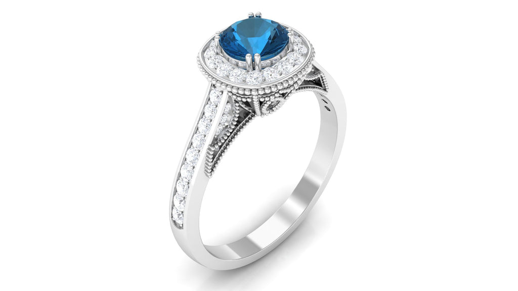 1 CT London Blue Topaz Solitaire with Diamond Vintage Ring London Blue Topaz - ( AAA ) - Quality - Rosec Jewels