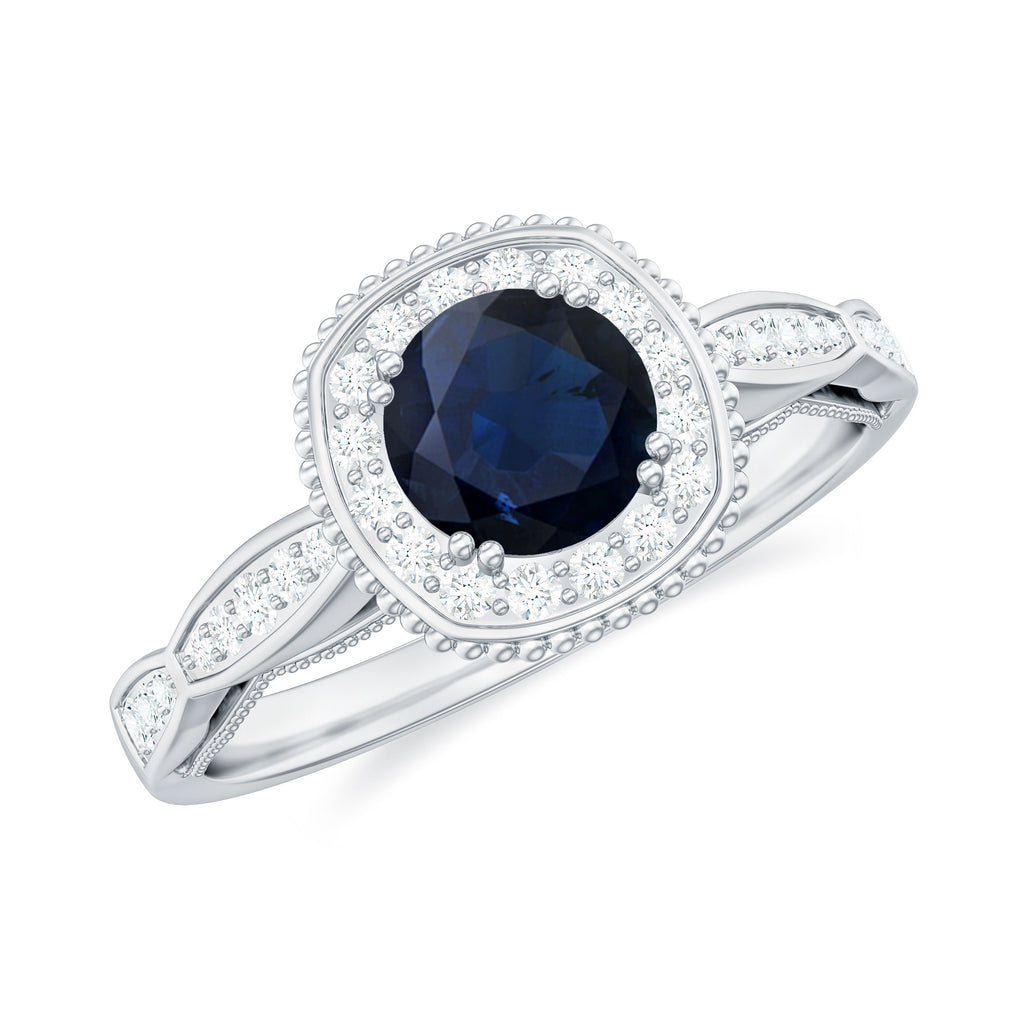 1.25 CT Round Blue Sapphire Antique Engagement Ring with Diamond Halo Blue Sapphire - ( AAA ) - Quality - Rosec Jewels