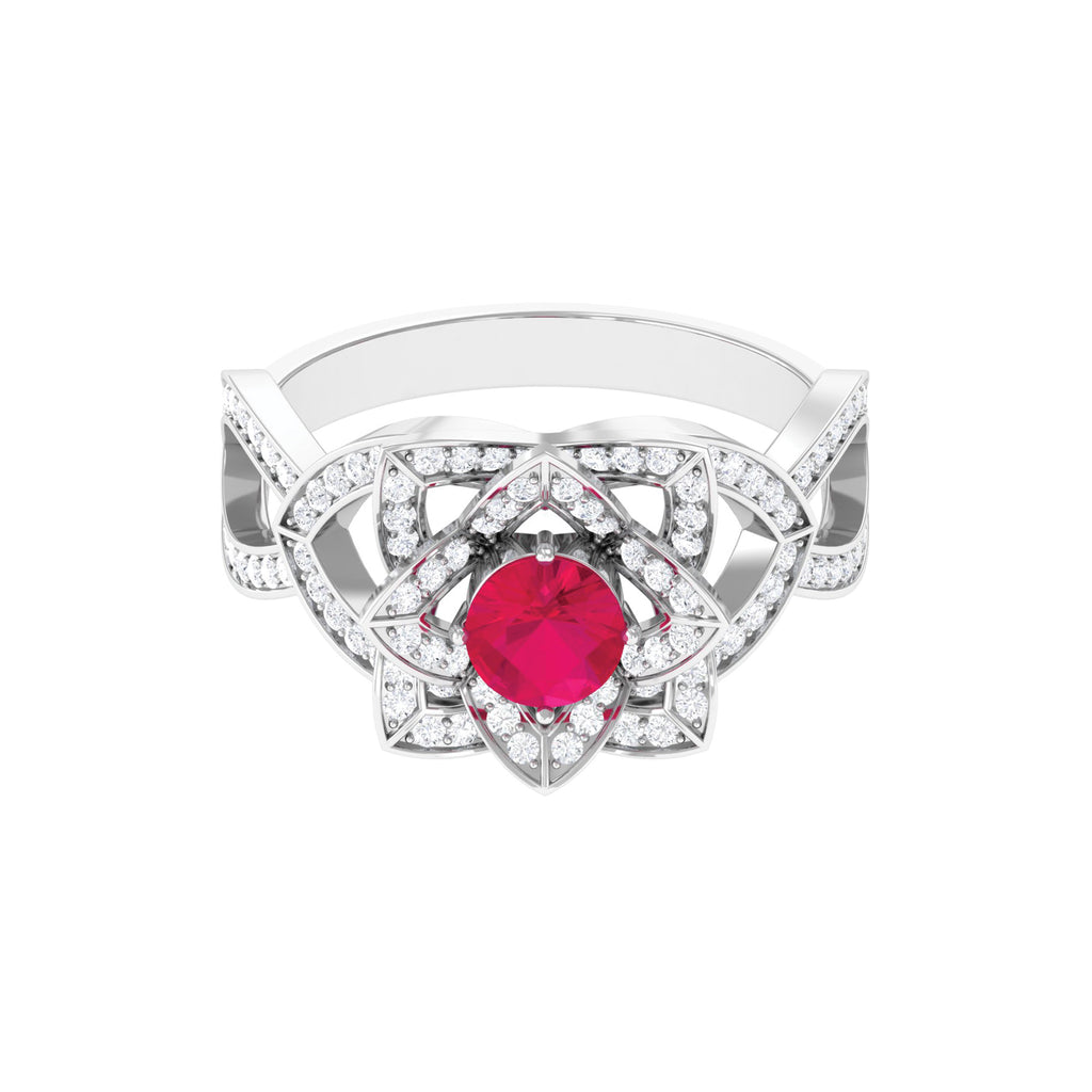 1.25 CT Created Ruby and Moissanite Flower Engagement Ring Lab Created Ruby - ( AAAA ) - Quality - Rosec Jewels
