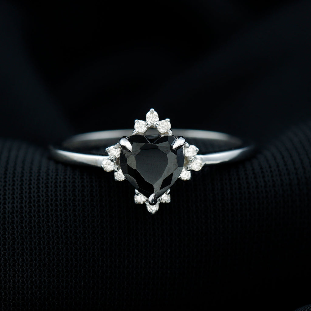 1 CT Heart Shaped Lab Created Black Diamond Promise Ring with Diamond Accent Lab Created Black Diamond - ( AAAA ) - Quality - Rosec Jewels