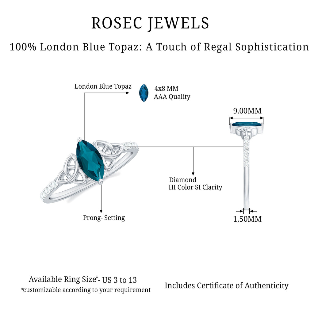 Celtic Knot Marquise Cut London Blue Topaz Ring with Diamond Side Stones London Blue Topaz - ( AAA ) - Quality - Rosec Jewels