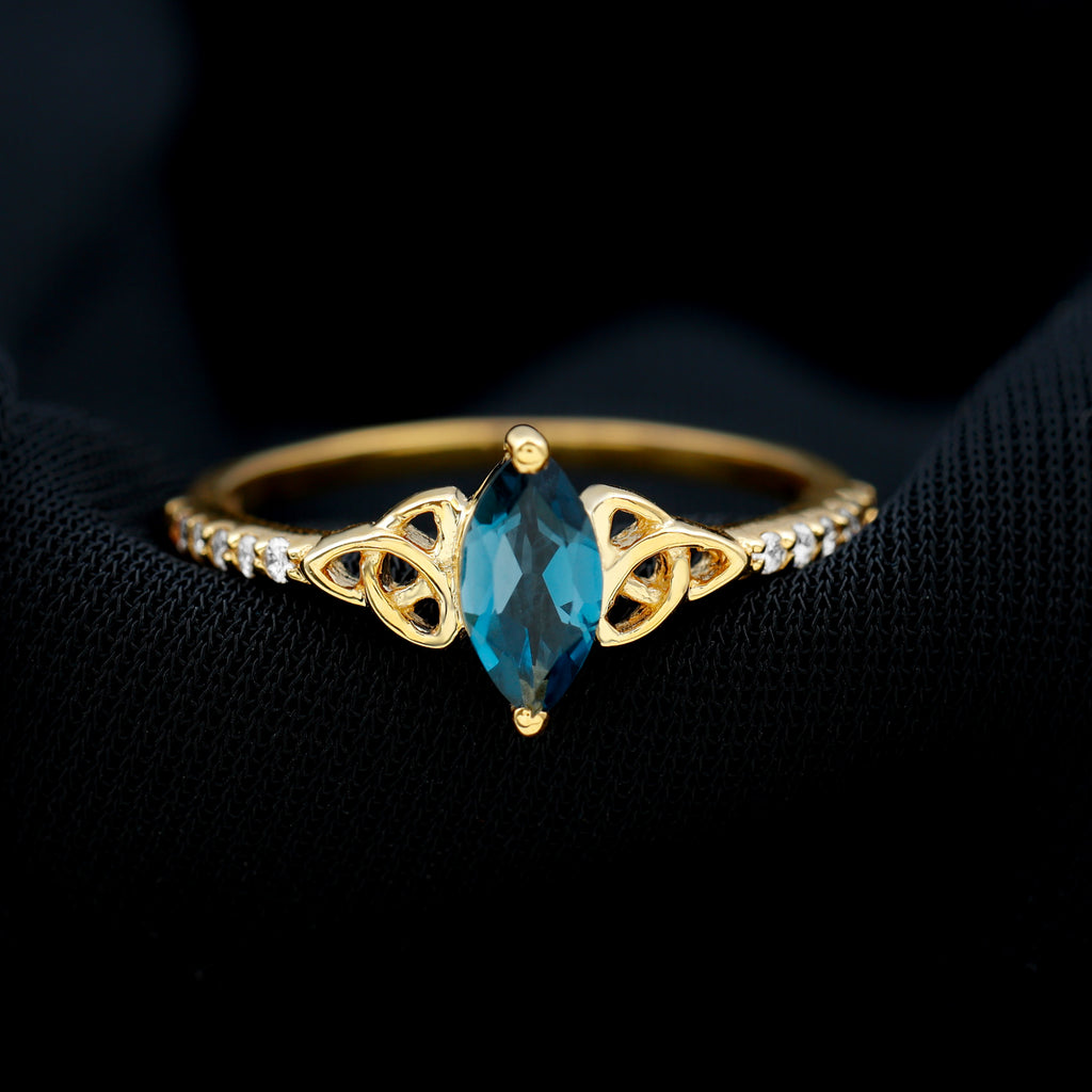 Celtic Knot Marquise Cut London Blue Topaz Ring with Diamond Side Stones London Blue Topaz - ( AAA ) - Quality - Rosec Jewels