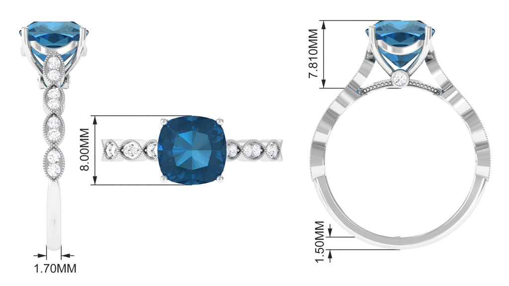 8 MM Cushion London Blue Topaz Solitaire Engagement Ring with Diamond London Blue Topaz - ( AAA ) - Quality - Rosec Jewels