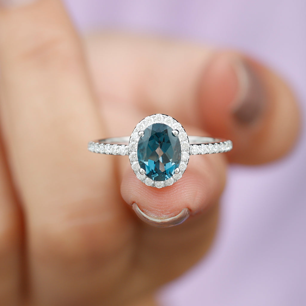 8X6 MM Oval Cut London Blue Topaz Solitaire with Diamond Side Stone Ring London Blue Topaz - ( AAA ) - Quality - Rosec Jewels