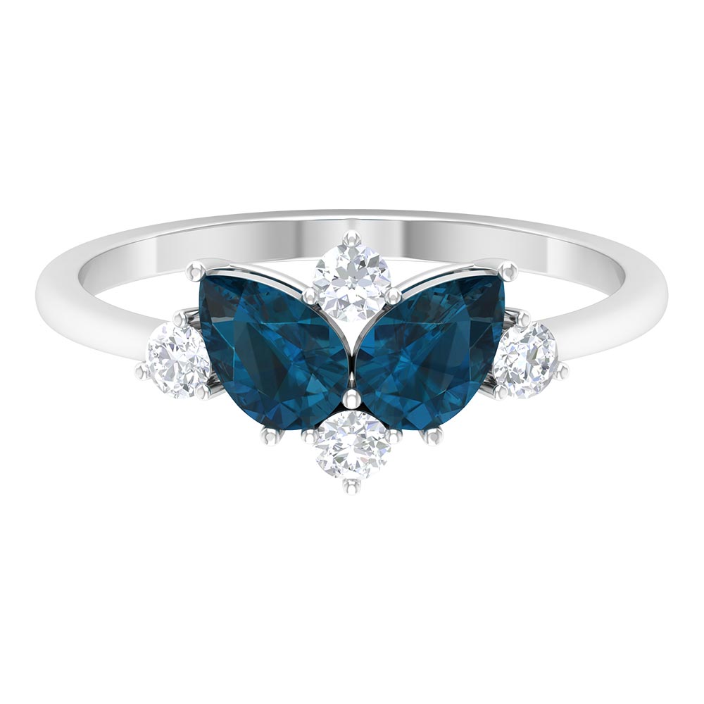 2 CT Pear Shape London Blue Topaz and Diamond Cluster Promise Ring London Blue Topaz - ( AAA ) - Quality - Rosec Jewels