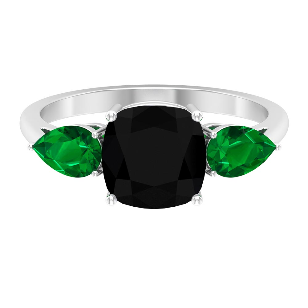 3 Stone Engagement Ring with Lab Grown Black Diamond and Lab Grown Emerald Lab Created Black Diamond - ( AAAA ) - Quality - Rosec Jewels
