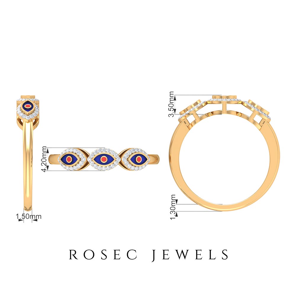 Three Evil Eye Minimal Ring with Moissanite Halo Moissanite - ( D-VS1 ) - Color and Clarity - Rosec Jewels
