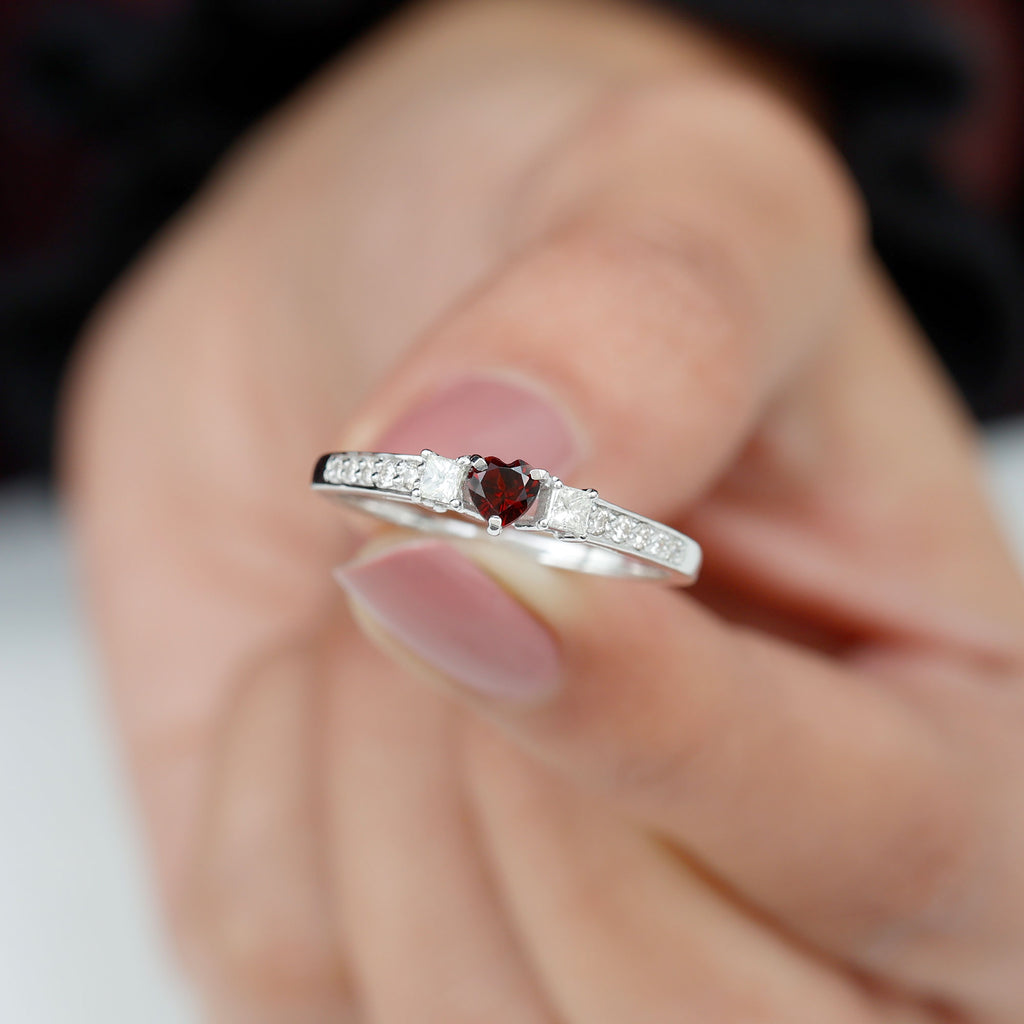 Three Stone Engagement Ring with Heart Shape Garnet and Diamond