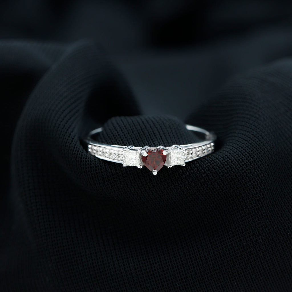 Three Stone Engagement Ring with Heart Shape Garnet and Diamond