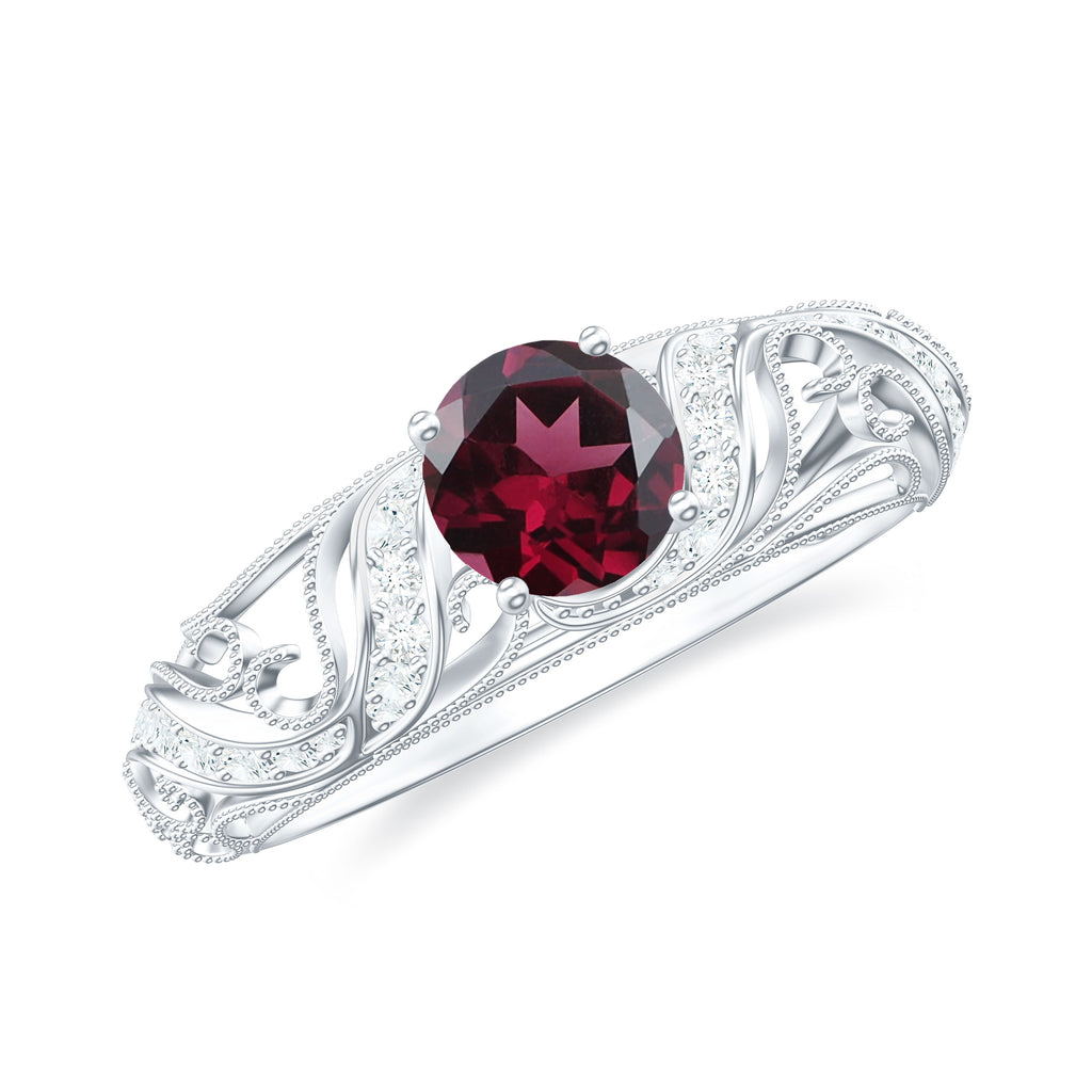 Round Rhodolite Vintage Inspired Engagement Ring with Diamond Rhodolite - ( AAA ) - Quality - Rosec Jewels