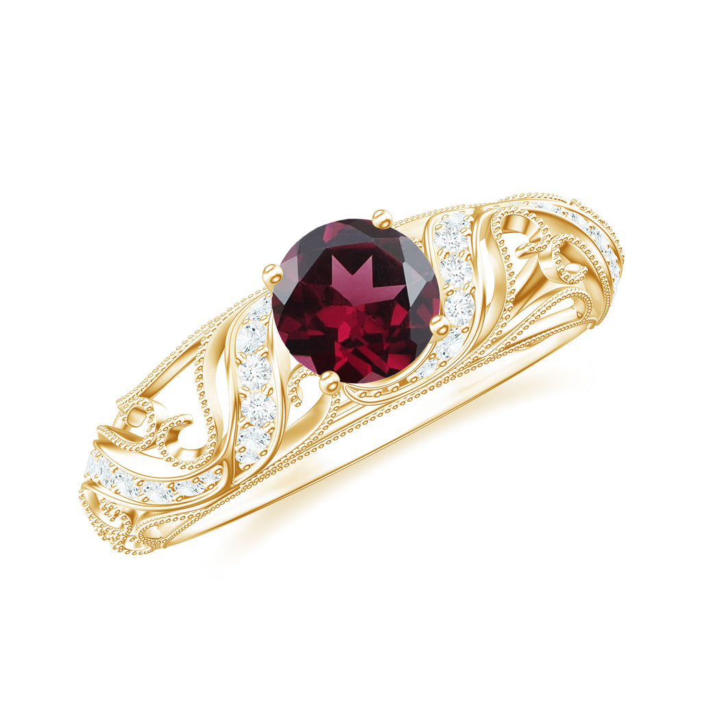 Round Rhodolite Vintage Inspired Engagement Ring with Diamond Rhodolite - ( AAA ) - Quality - Rosec Jewels