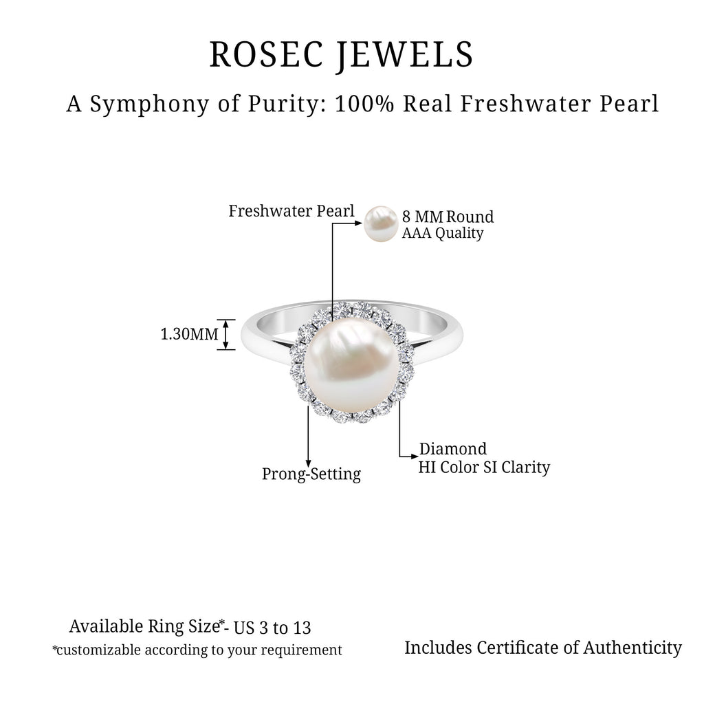 Simple Freshwater Pearl Ring with Diamond Halo Freshwater Pearl - ( AAA ) - Quality - Rosec Jewels