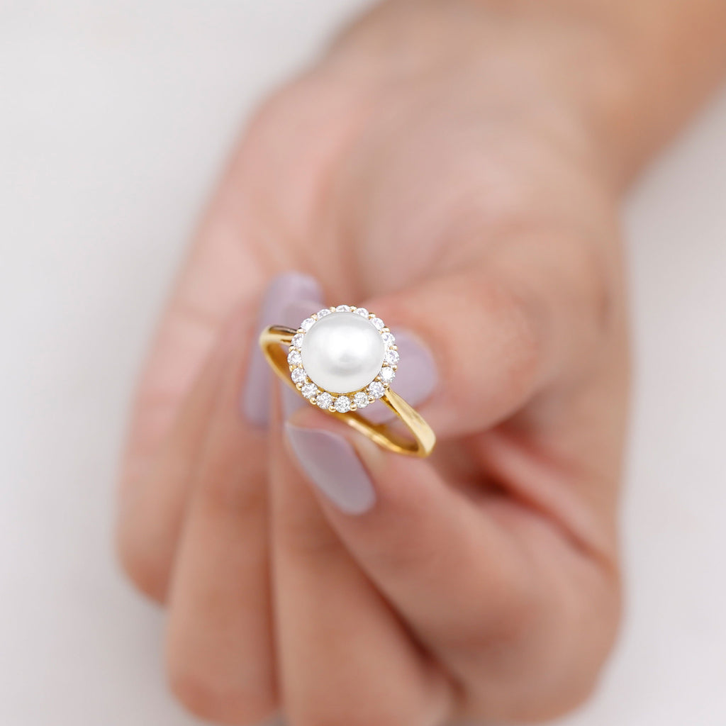 Simple Freshwater Pearl Ring with Diamond Halo Freshwater Pearl - ( AAA ) - Quality - Rosec Jewels