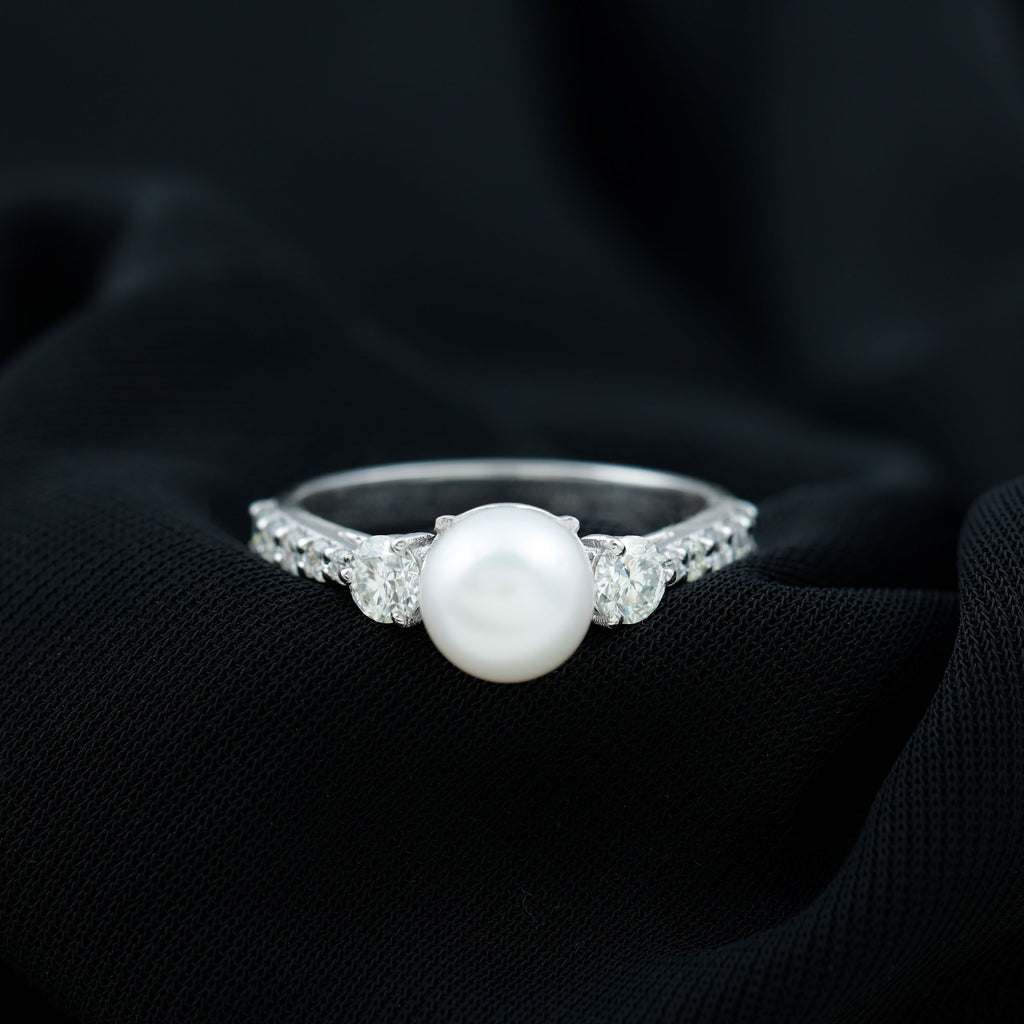 Classic Freshwater Pearl Solitaire and Moissanite Side Stone Ring Freshwater Pearl - ( AAA ) - Quality - Rosec Jewels