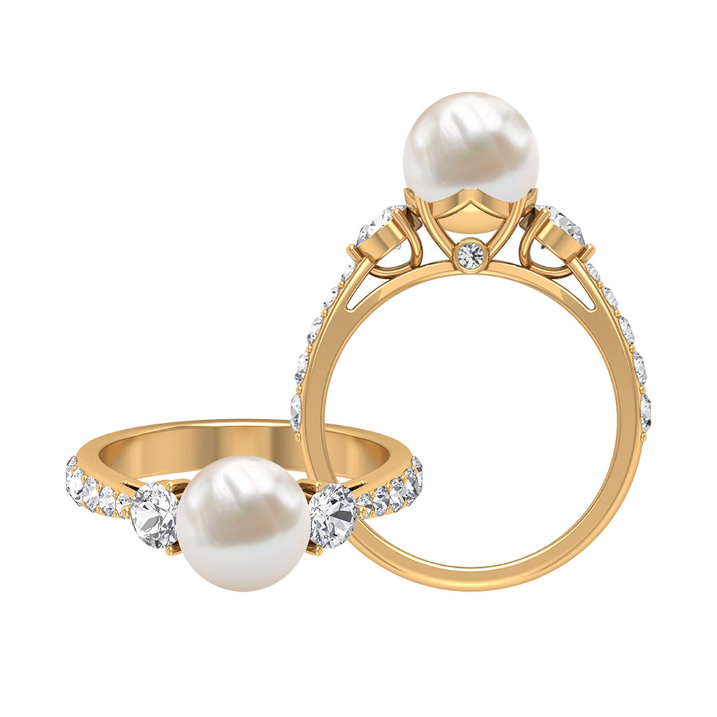 Classic Freshwater Pearl Solitaire and Moissanite Side Stone Ring Freshwater Pearl - ( AAA ) - Quality - Rosec Jewels