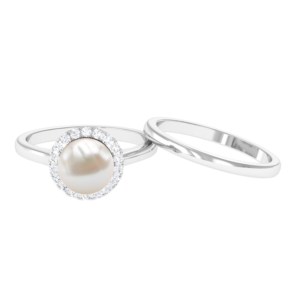 Real Freshwater Pearl Halo Wedding Ring Set with Plain Band Freshwater Pearl - ( AAA ) - Quality - Rosec Jewels