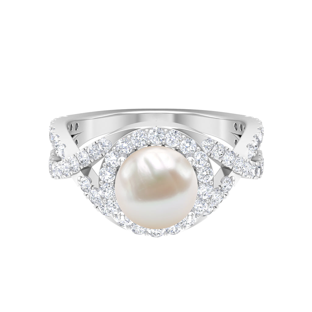 9.25 CT Freshwater Pearl and Moissanite Crossover Engagement Ring Freshwater Pearl - ( AAA ) - Quality - Rosec Jewels