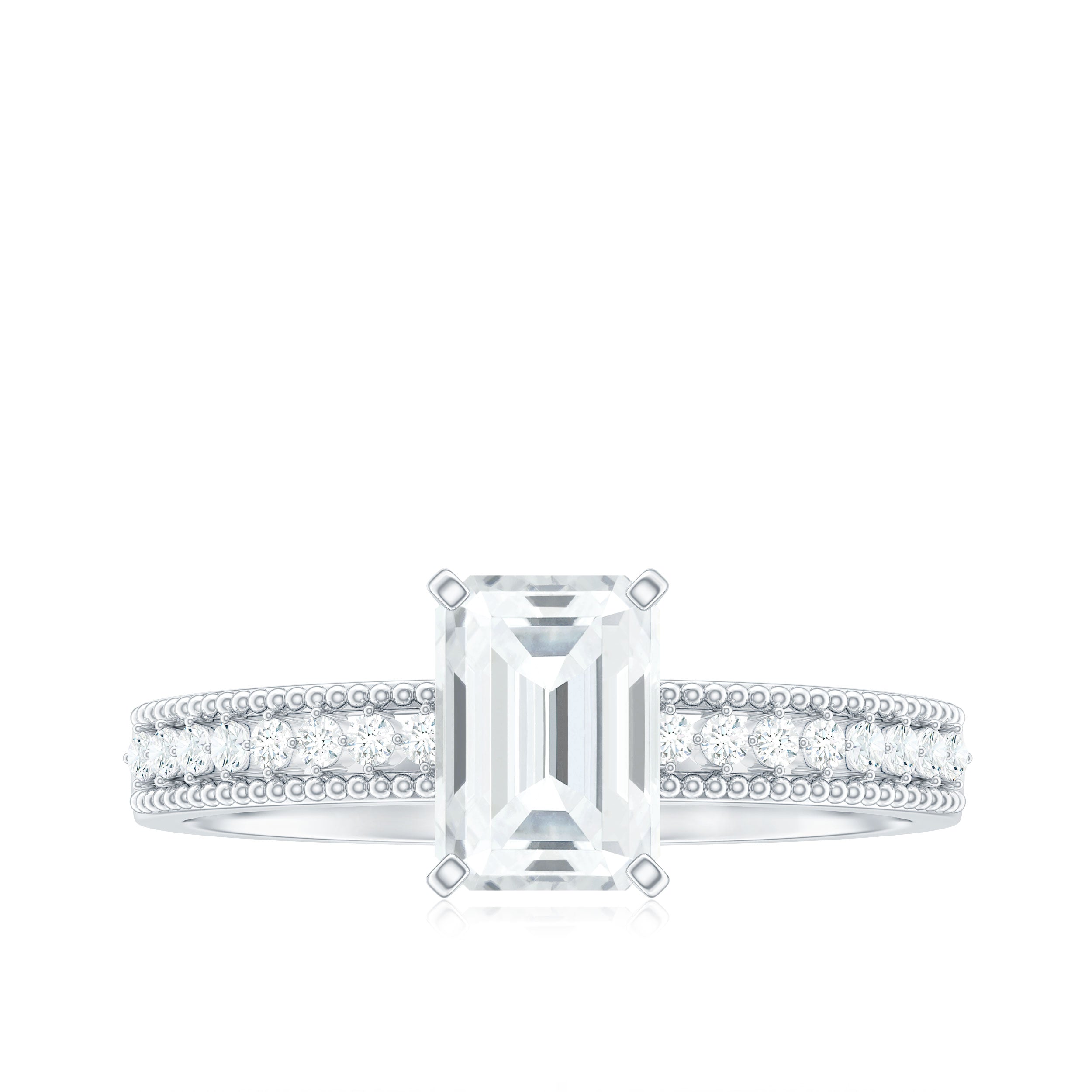 Emerald Cut Moissanite Solitaire Engagement Ring with Gold Beaded Moissanite - ( D-VS1 ) - Color and Clarity - Rosec Jewels