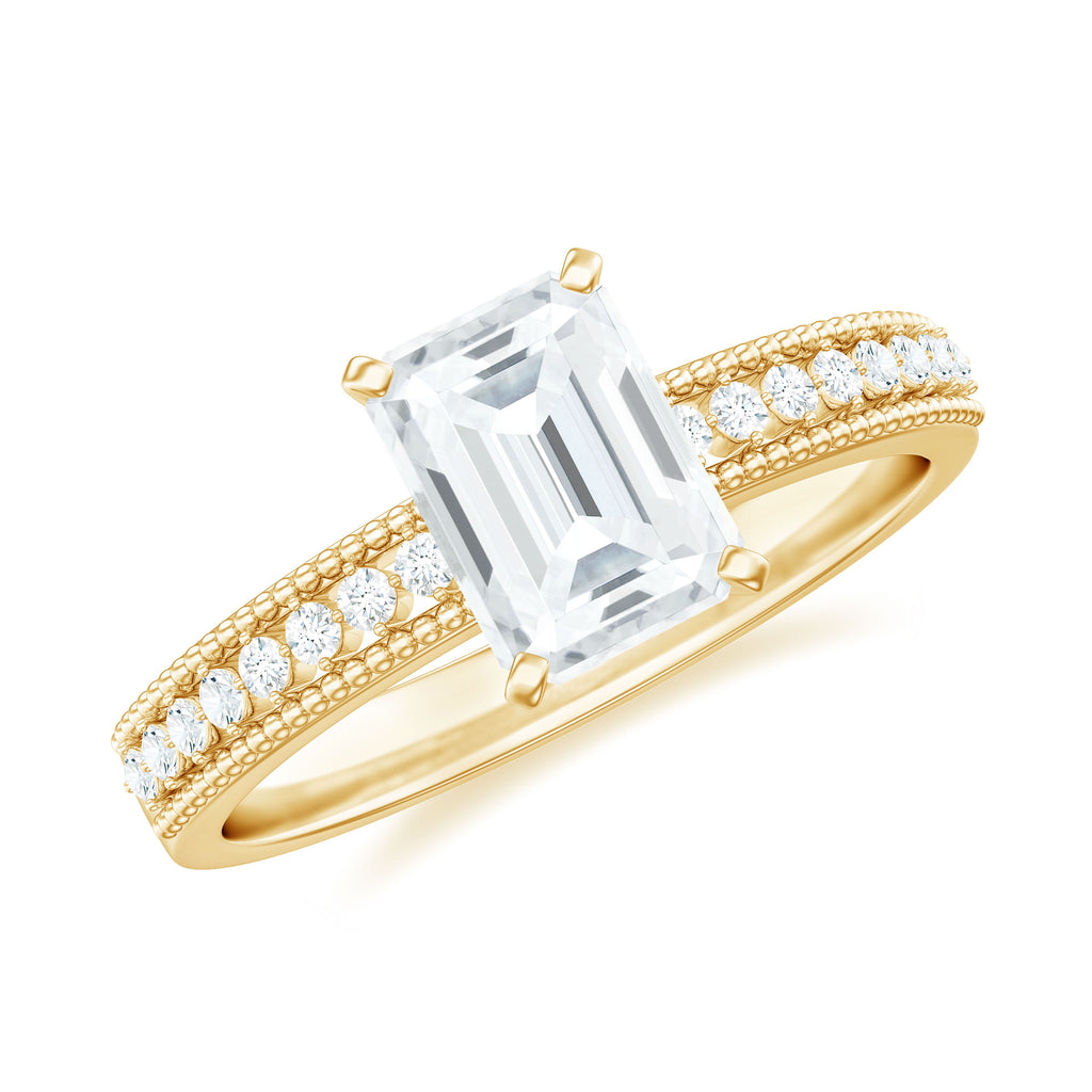 Emerald Cut Moissanite Solitaire Engagement Ring with Gold Beaded Moissanite - ( D-VS1 ) - Color and Clarity - Rosec Jewels