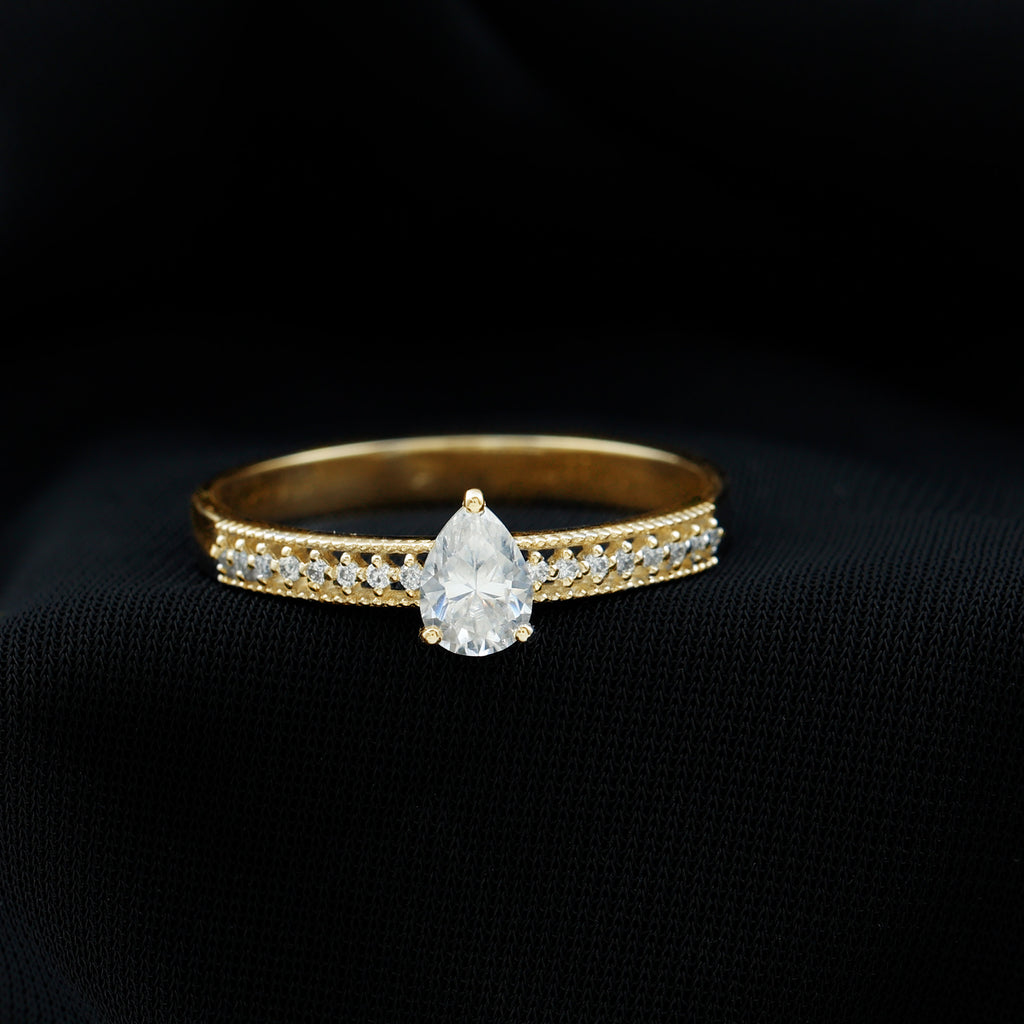 Pear Shaped Moissanite Solitaire Engagement Ring with Gold Beaded Moissanite - ( D-VS1 ) - Color and Clarity - Rosec Jewels