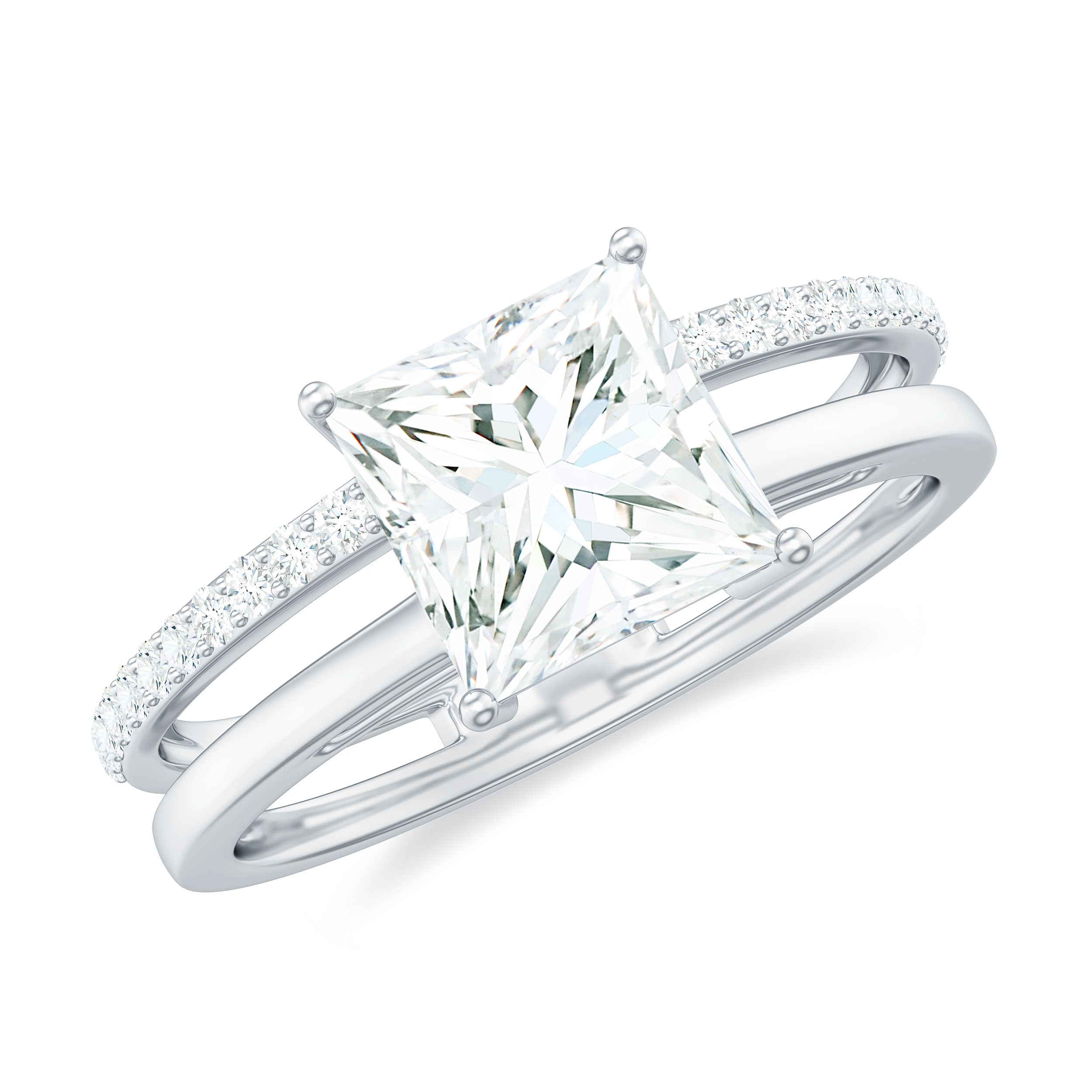 Princess Cut Solitaire Moissanite Double Band Engagement Ring Moissanite - ( D-VS1 ) - Color and Clarity - Rosec Jewels