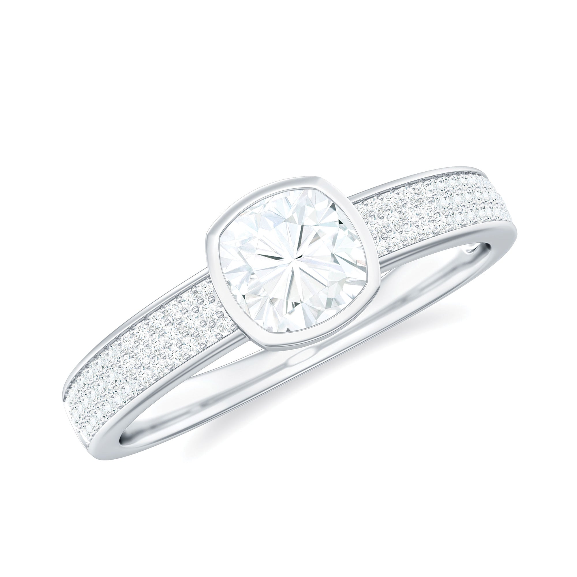 Cushion Cut Moissanite Solitaire Engagement Ring in Bezel Setting Moissanite - ( D-VS1 ) - Color and Clarity - Rosec Jewels