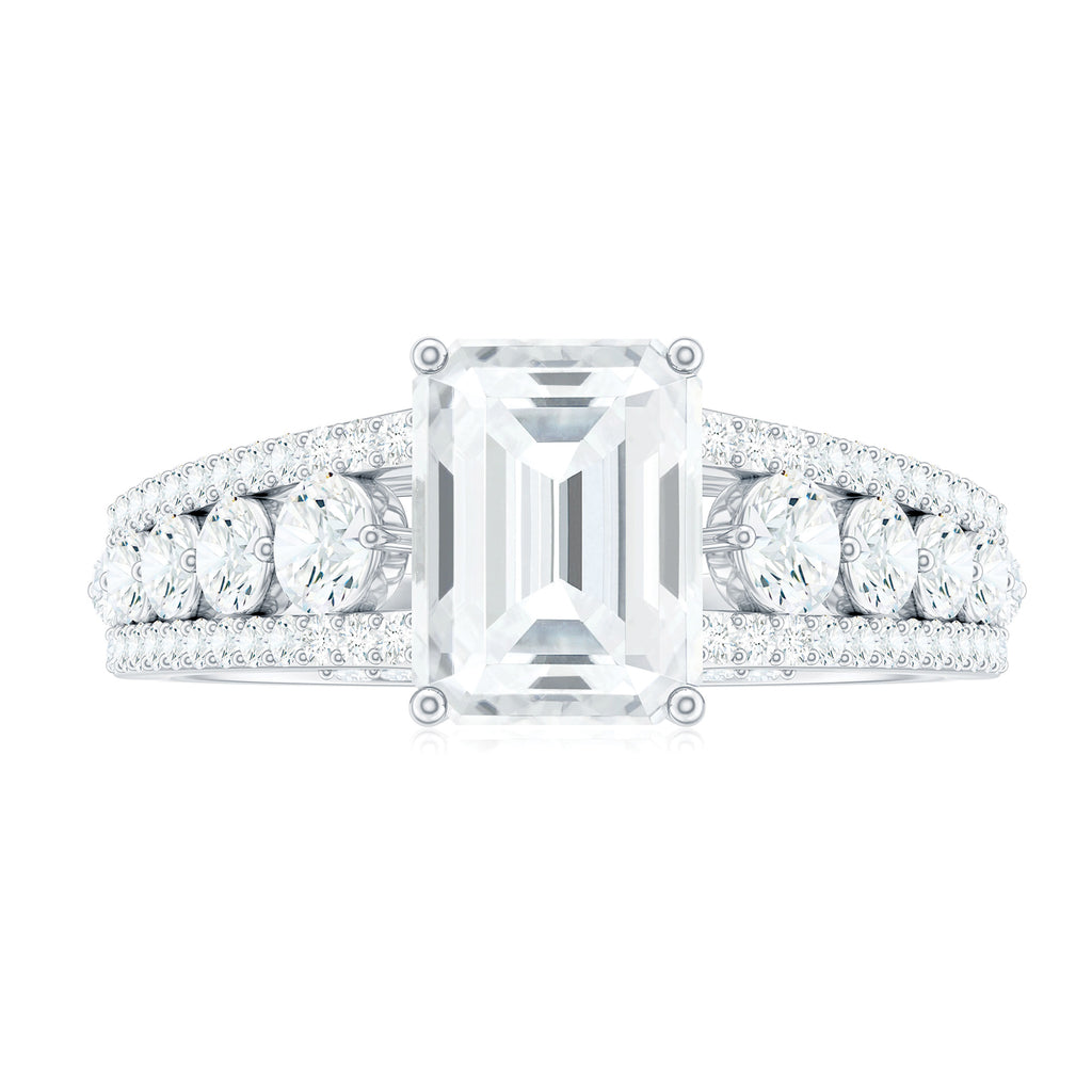 Emerald Cut Moissanite Solitaire Engagement Ring with Side Stones Moissanite - ( D-VS1 ) - Color and Clarity - Rosec Jewels