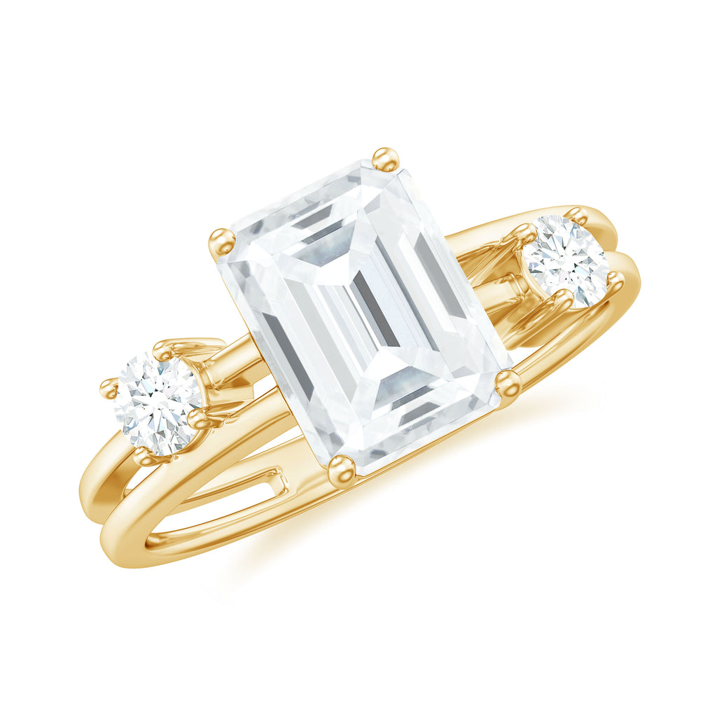 Emerald Cut Moissanite Double Band Promise Ring in Gold Moissanite - ( D-VS1 ) - Color and Clarity - Rosec Jewels