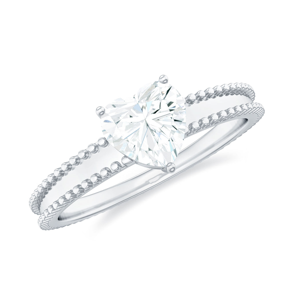 Heart Shape Moissanite Solitaire Ring with Beaded Details Moissanite - ( D-VS1 ) - Color and Clarity - Rosec Jewels
