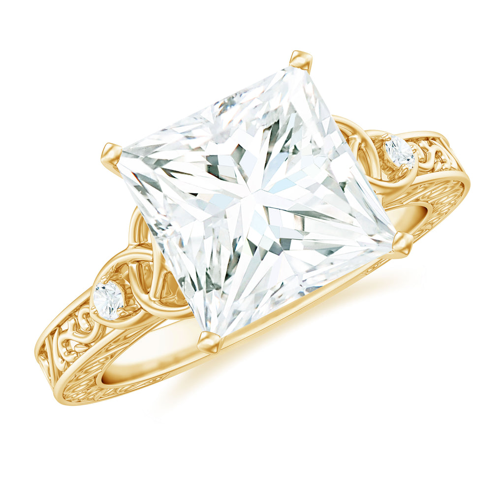Antique Style Princess Cut Moissanite Solitaire Celtic Knot Ring in Gold Moissanite - ( D-VS1 ) - Color and Clarity - Rosec Jewels