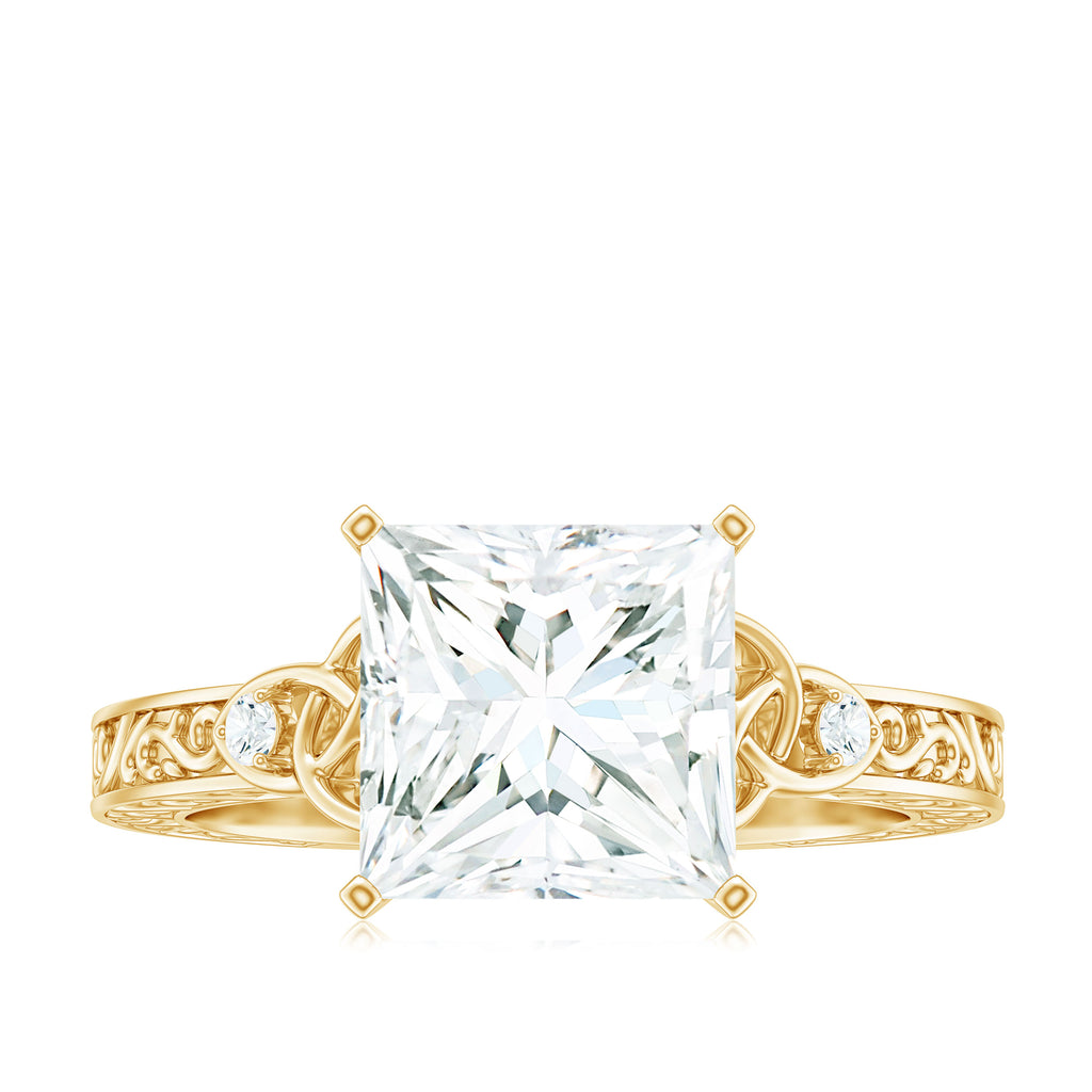 Antique Style Princess Cut Moissanite Solitaire Celtic Knot Ring in Gold Moissanite - ( D-VS1 ) - Color and Clarity - Rosec Jewels